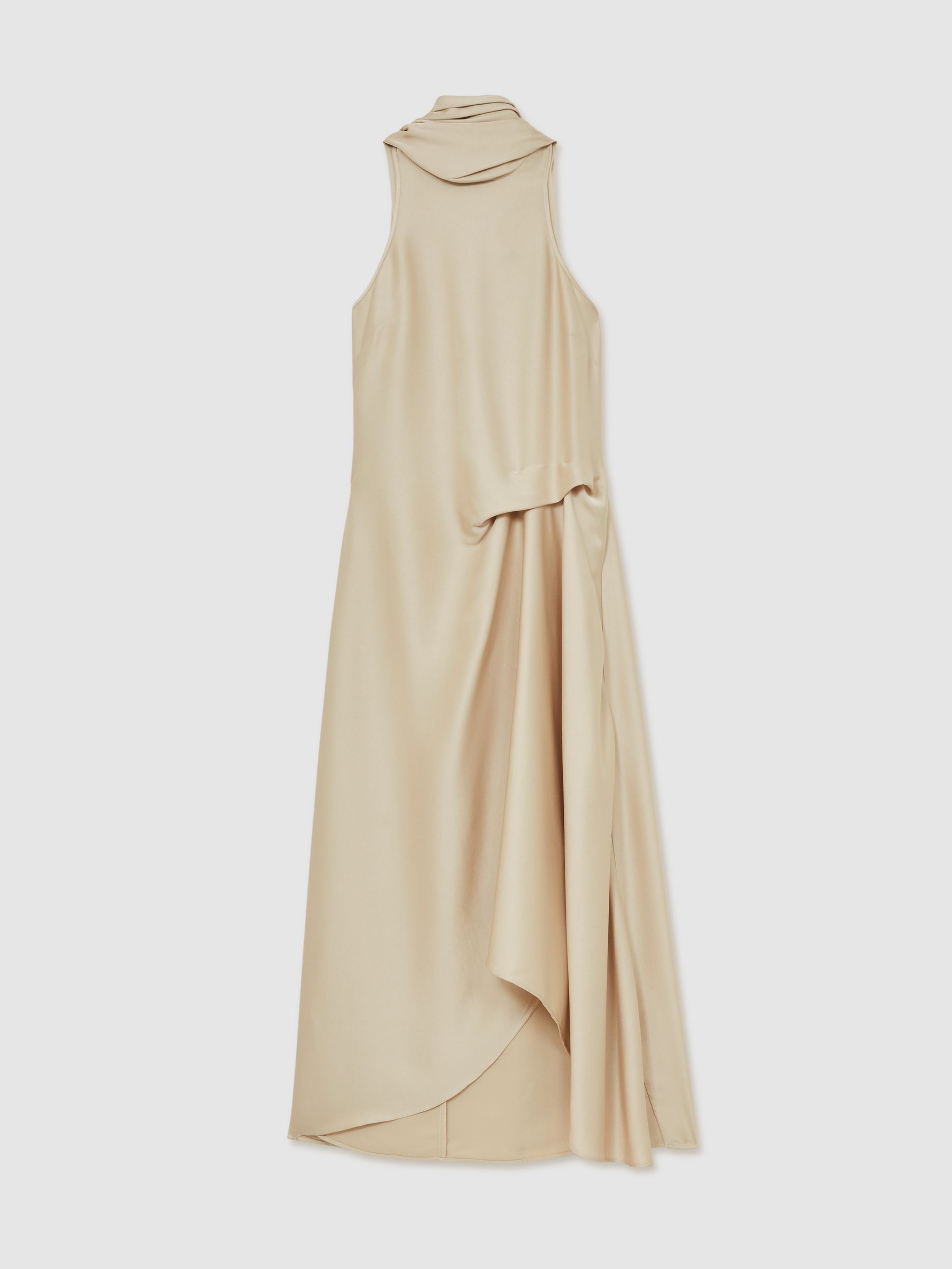Satin Tuck-Detail Cape Midi Dress in Champagne Neutral - Image 2 of 6