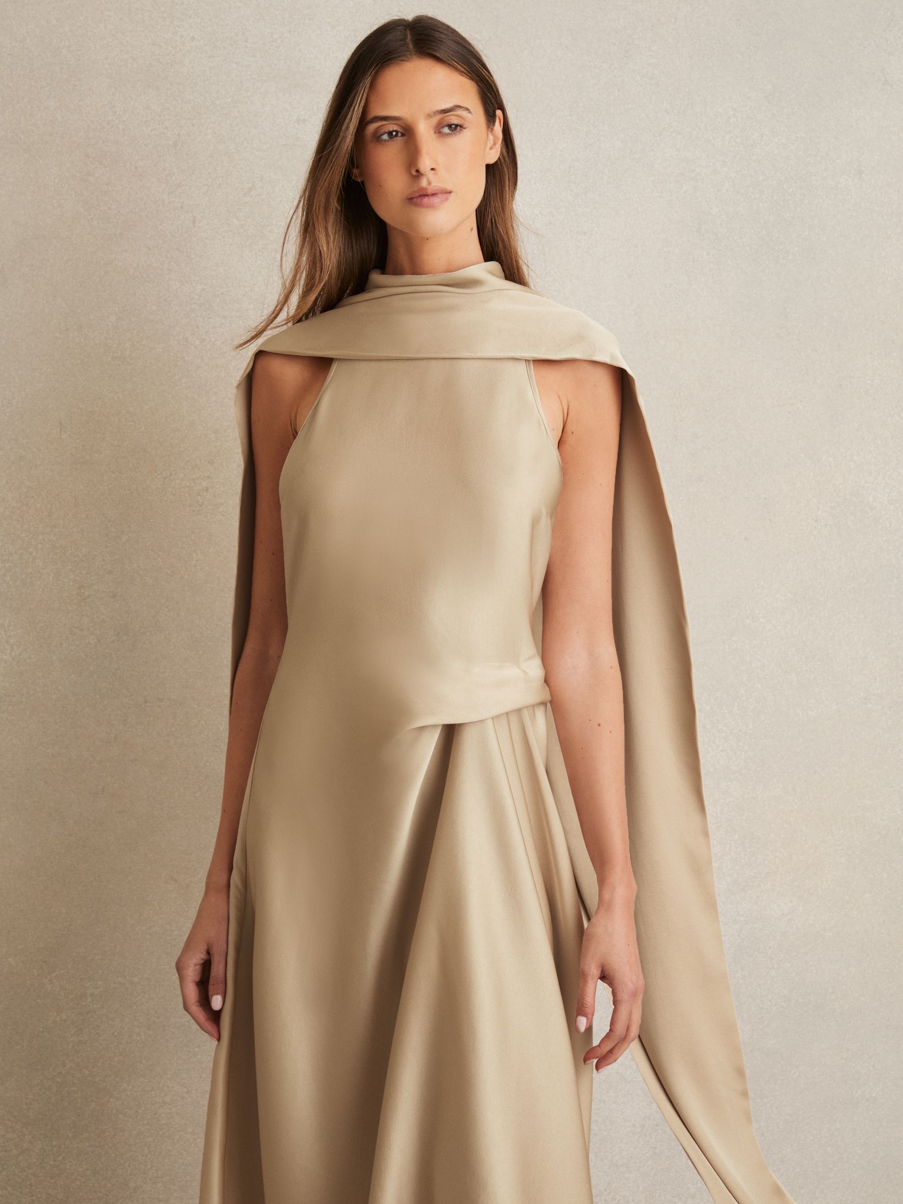 Satin Tuck-Detail Cape Midi Dress in Champagne Neutral - Image 3 of 6
