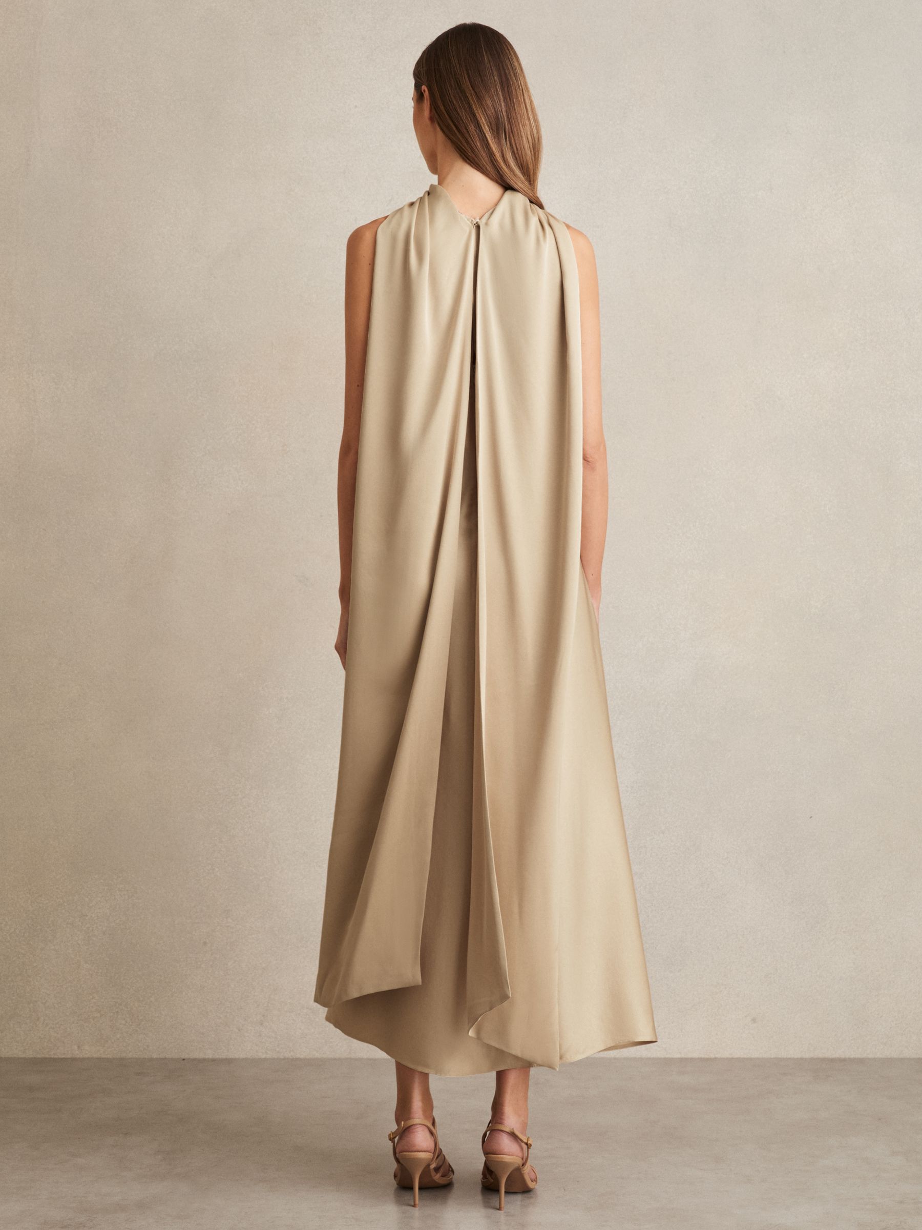 Satin Tuck-Detail Cape Midi Dress in Champagne Neutral - Image 4 of 6
