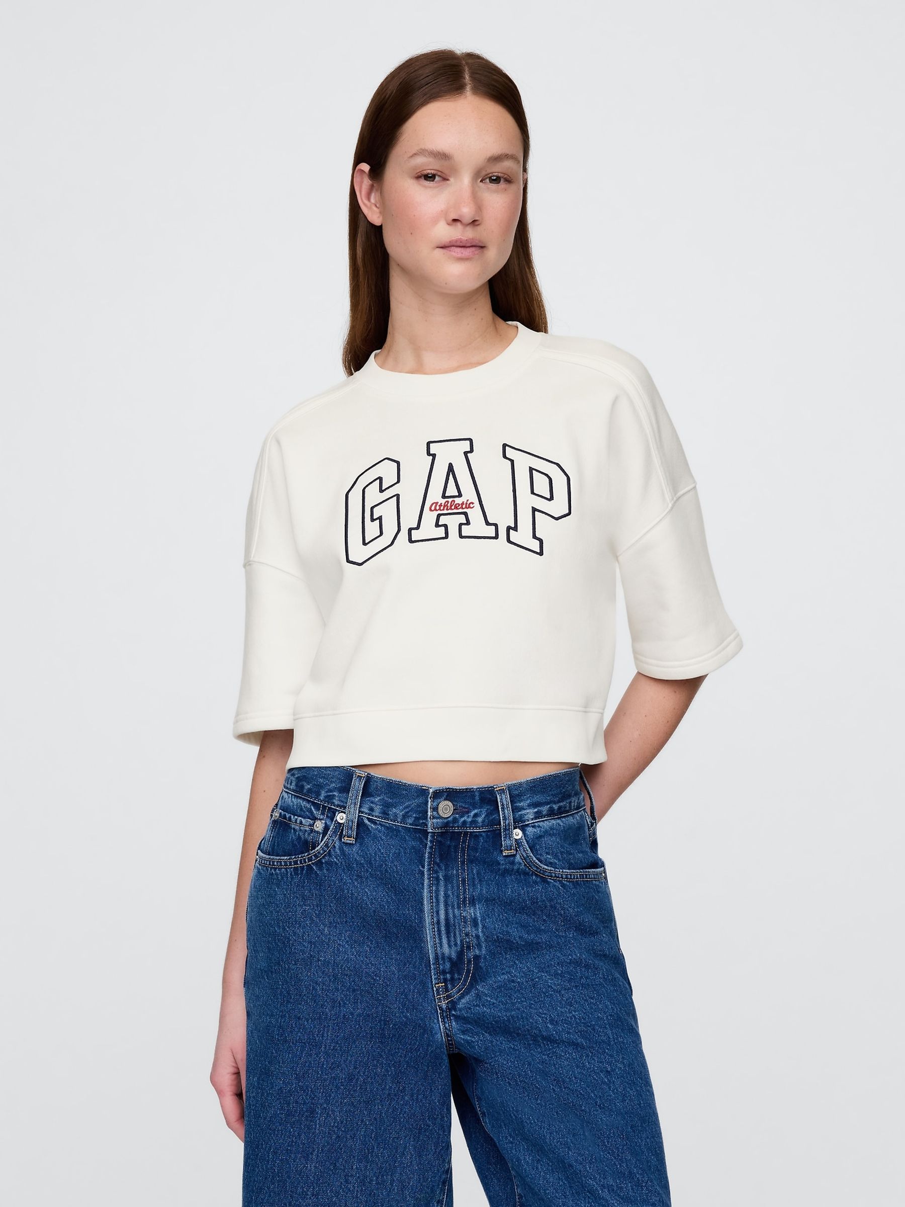 White VintageSoft Cropped Elbow-Sleeve Sweatshirt - Image 1 of 4