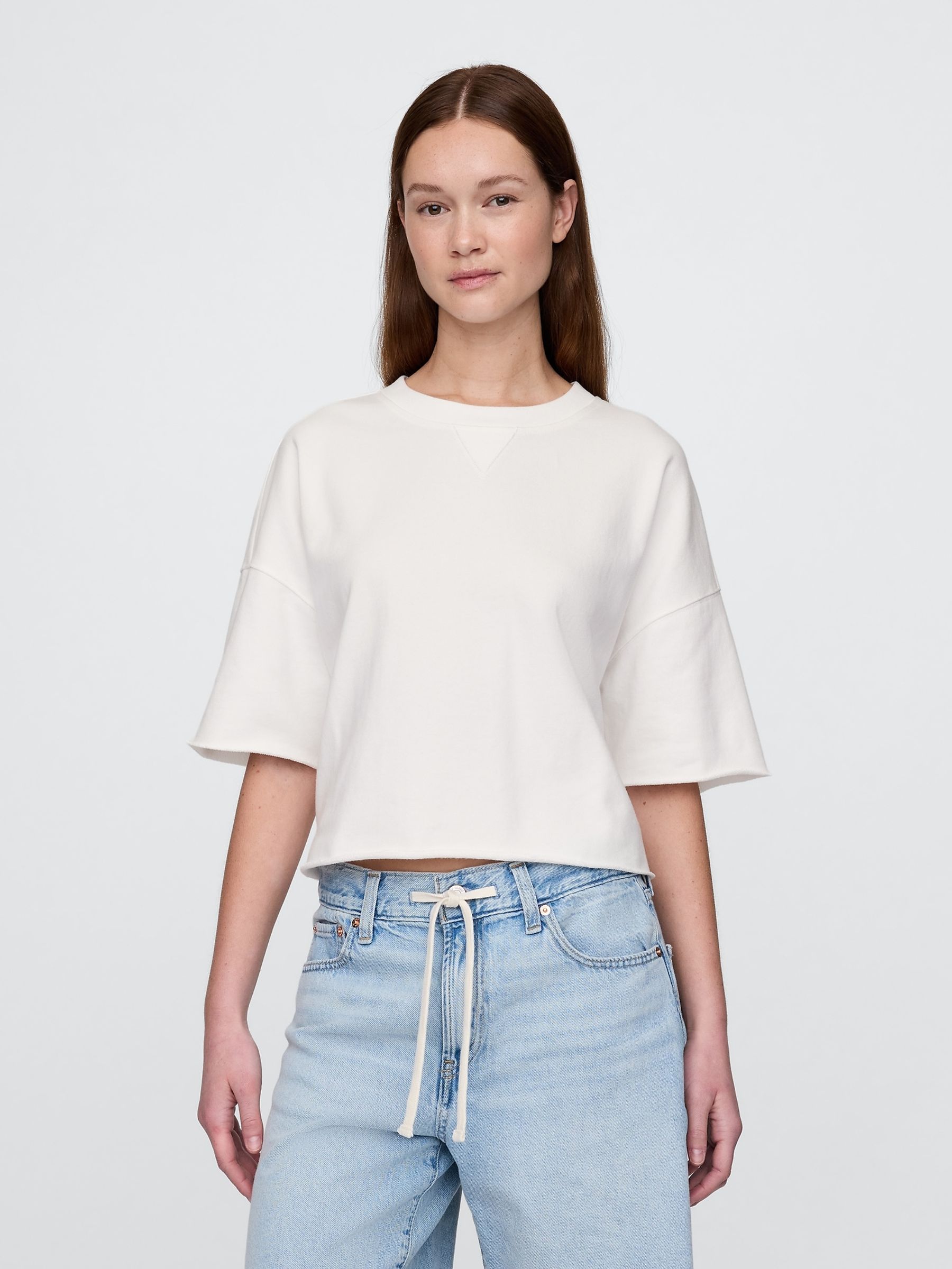 White French Terry Cropped Rolled Hem Sweatshirt - Image 1 of 5