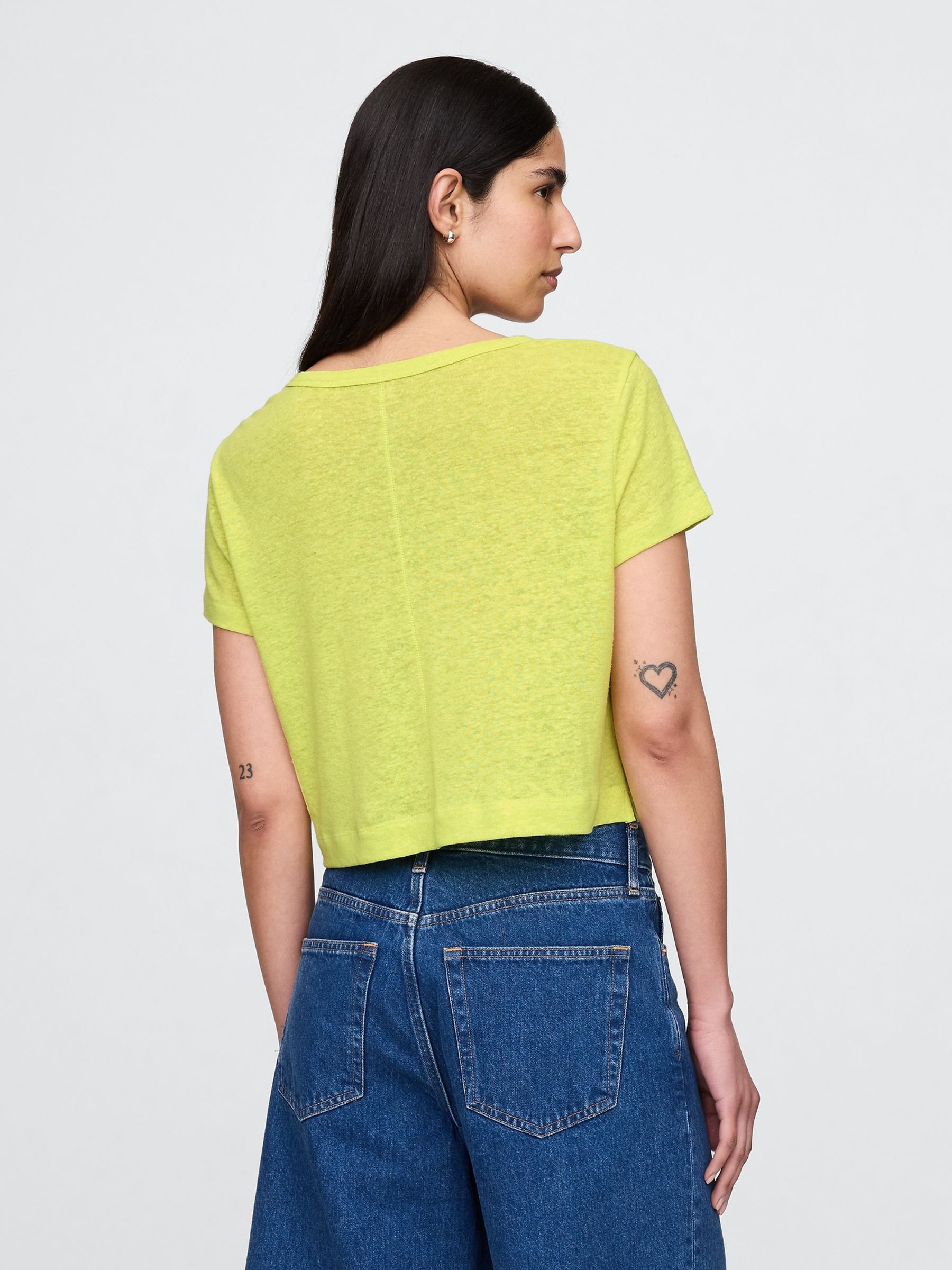 Yellow Linen-Blend Cropped V Neck T-Shirt - Image 2 of 5