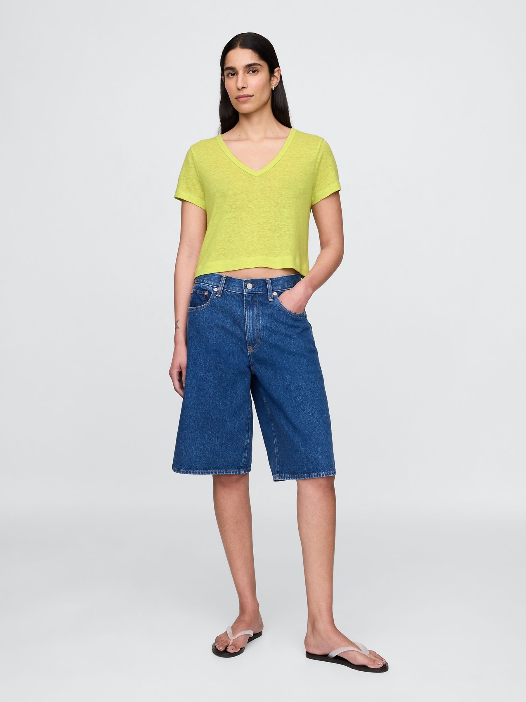 Yellow Linen-Blend Cropped V Neck T-Shirt - Image 3 of 5