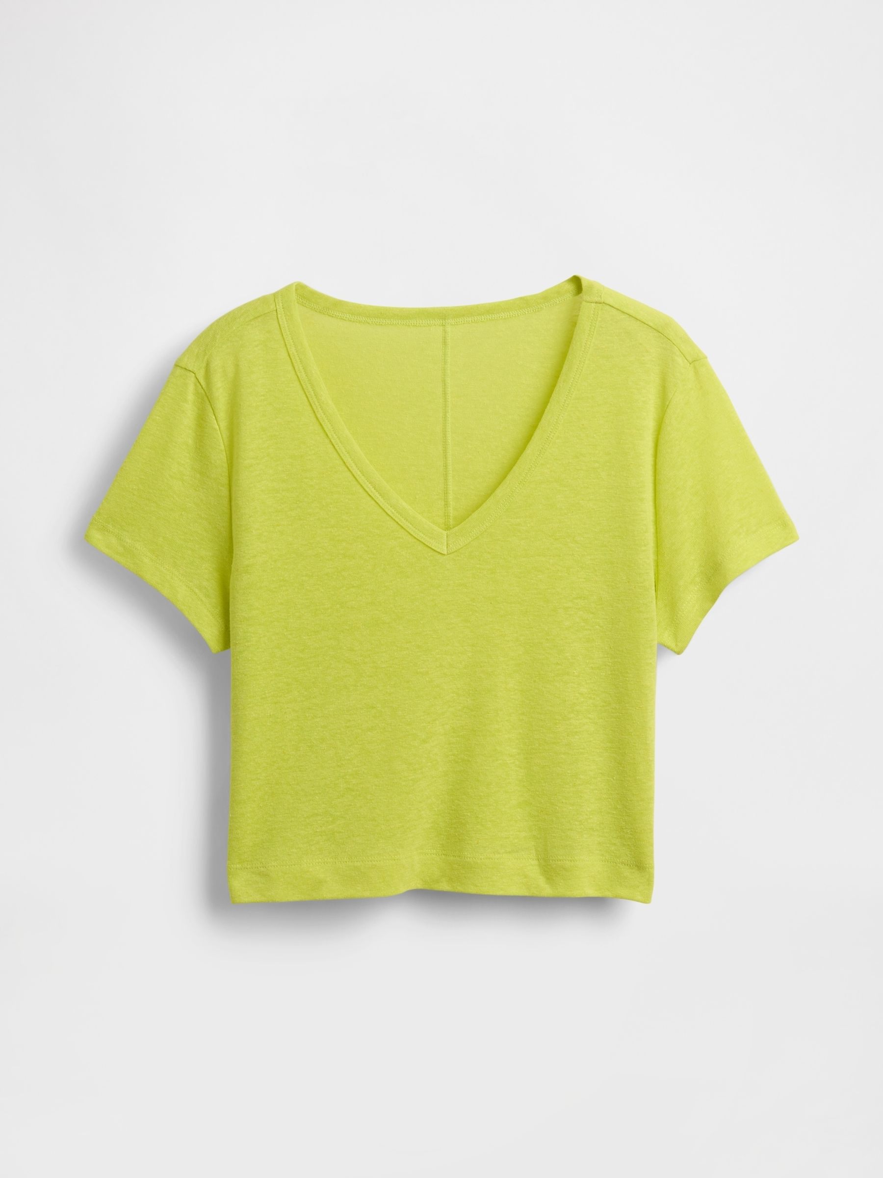 Yellow Linen-Blend Cropped V Neck T-Shirt - Image 4 of 5
