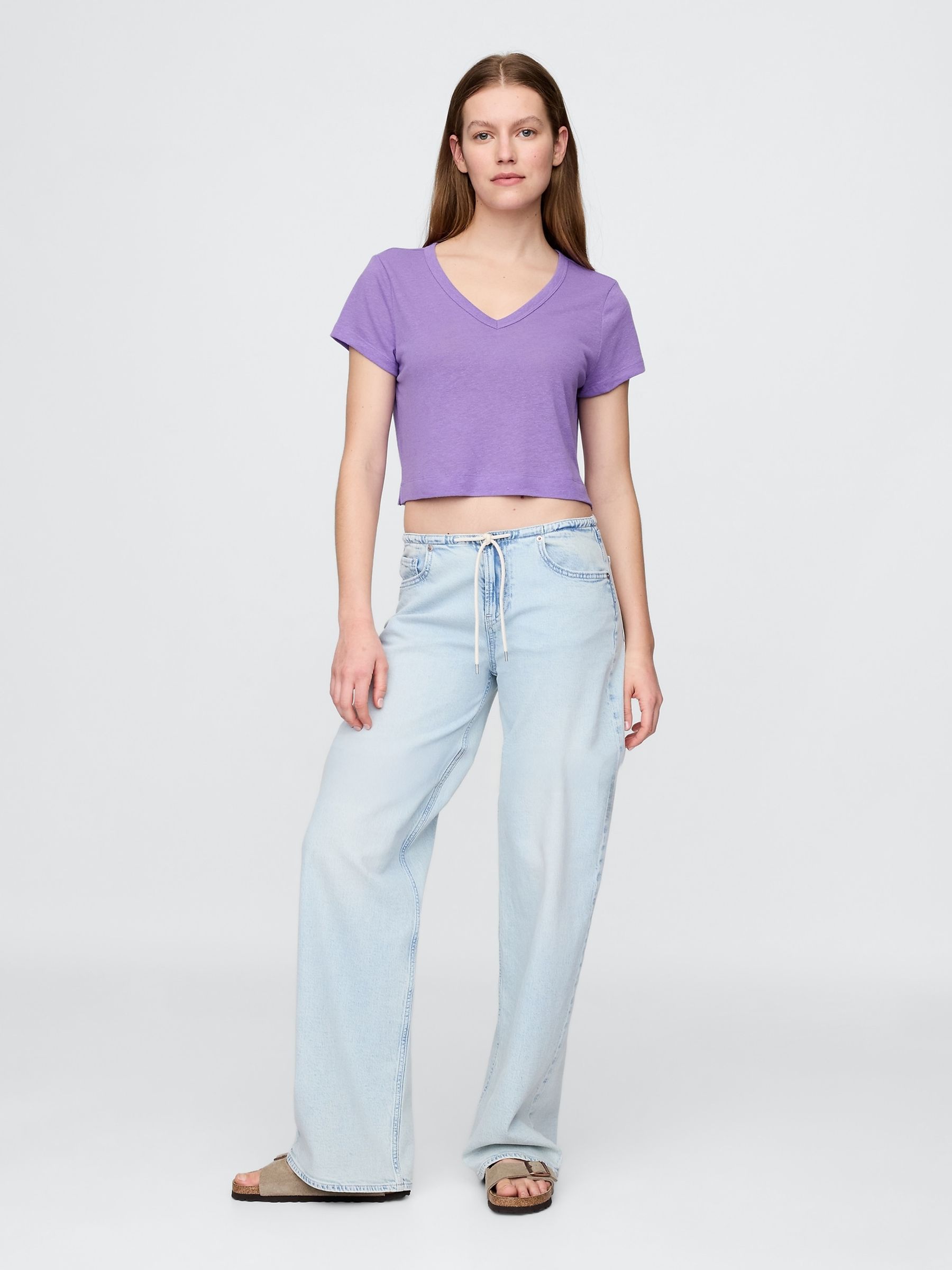 Purple Linen-Blend Cropped V Neck T-Shirt - Image 3 of 5