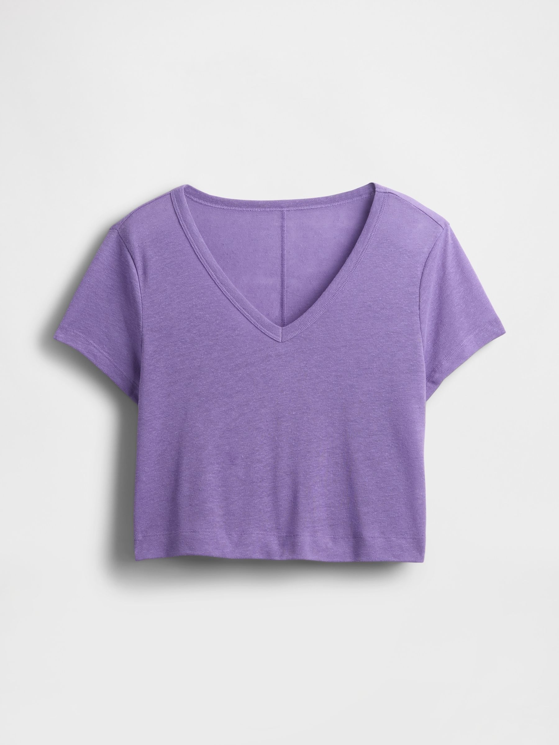 Purple Linen-Blend Cropped V Neck T-Shirt - Image 4 of 5