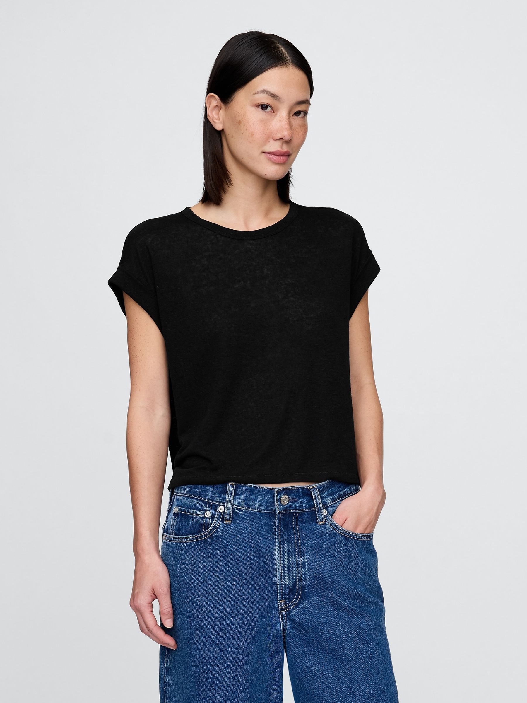 Black Linen-Blend Roll-Cuff T-Shirt - Image 1 of 4