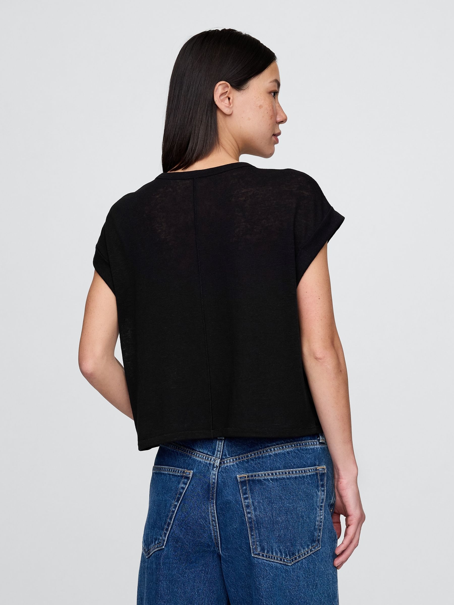 Black Linen-Blend Roll-Cuff T-Shirt - Image 2 of 4