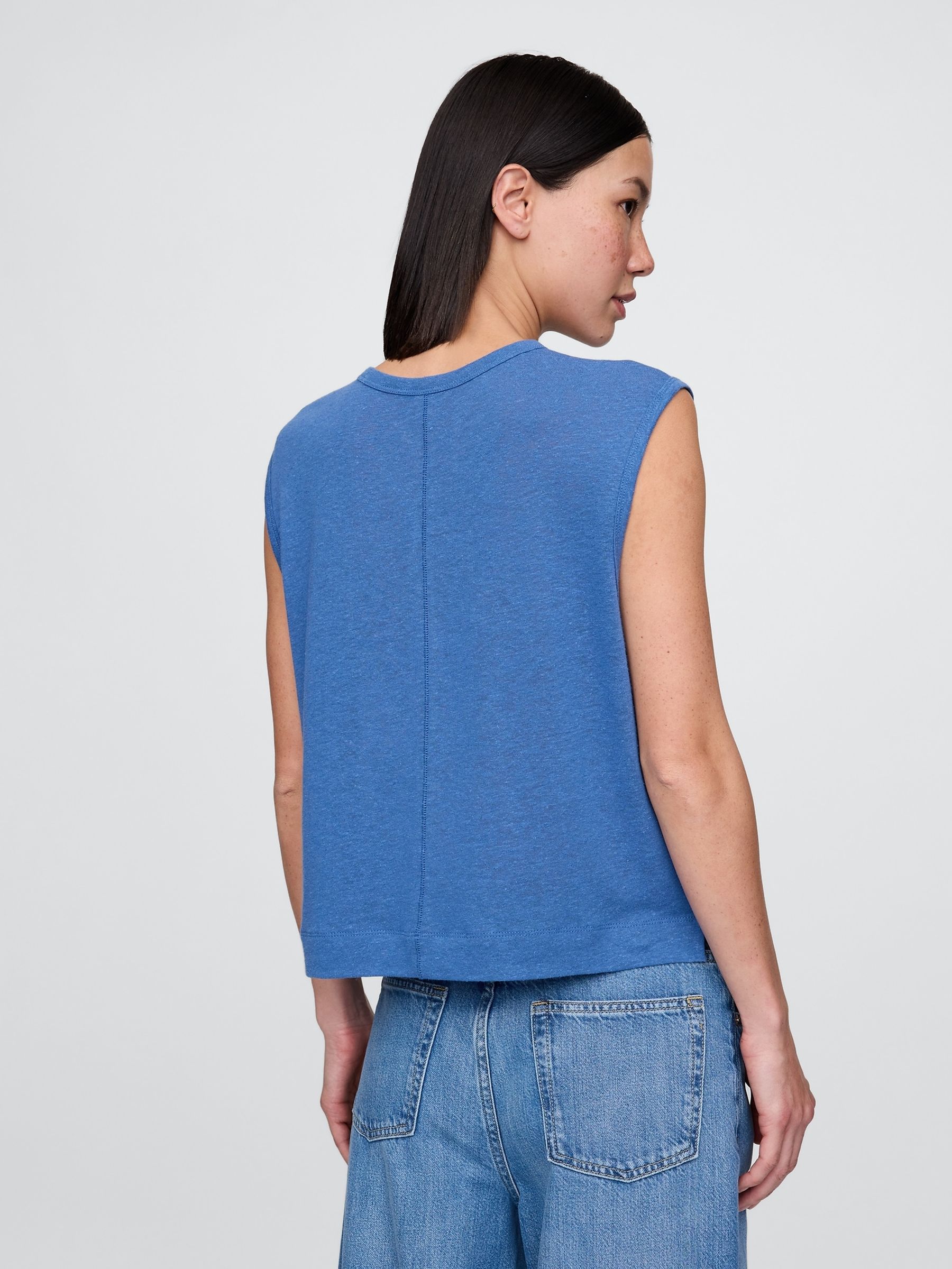 Blue Linen-Blend Crew Neck Shell T-Shirt - Image 2 of 5