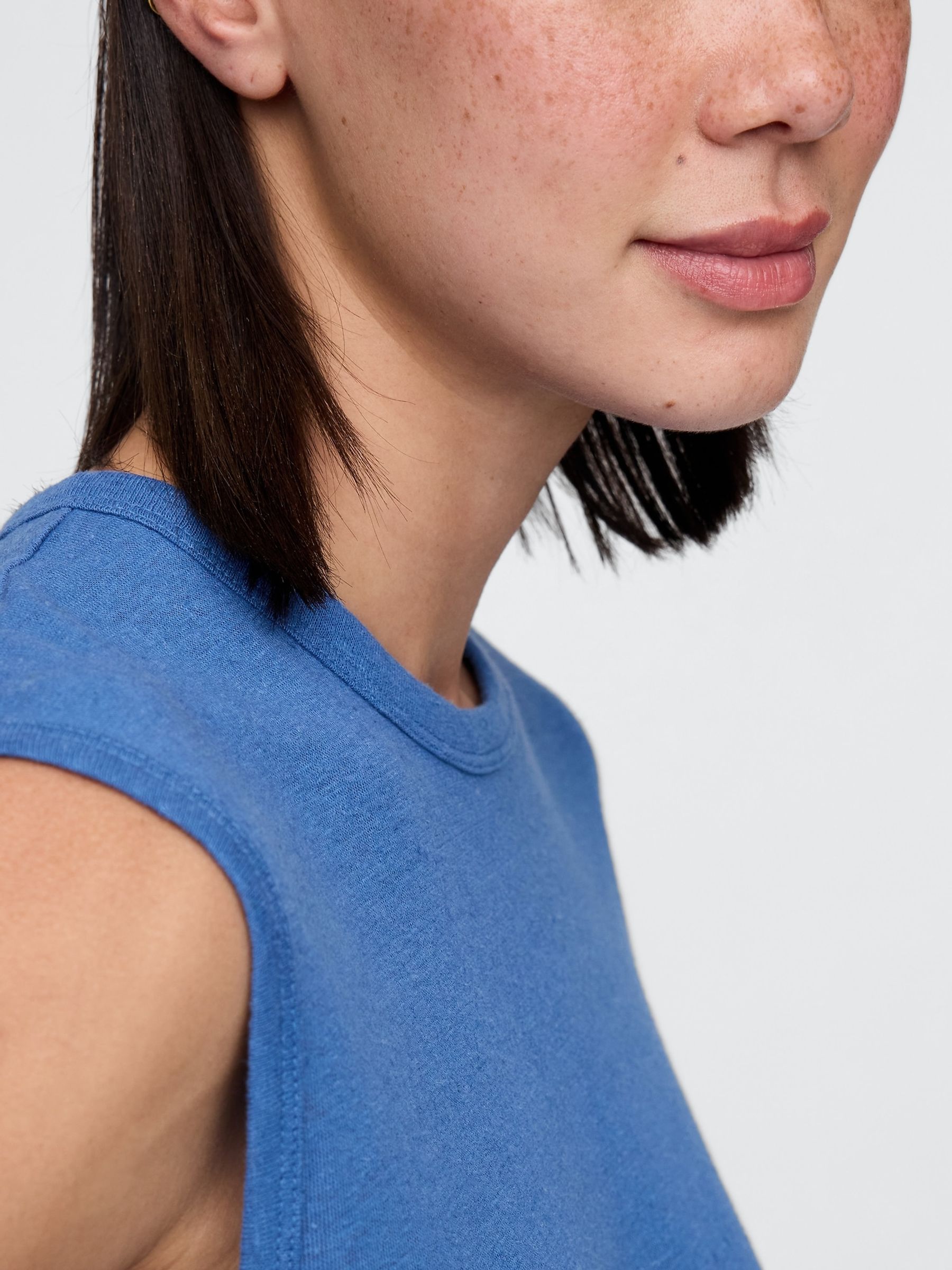 Blue Linen-Blend Crew Neck Shell T-Shirt - Image 4 of 5