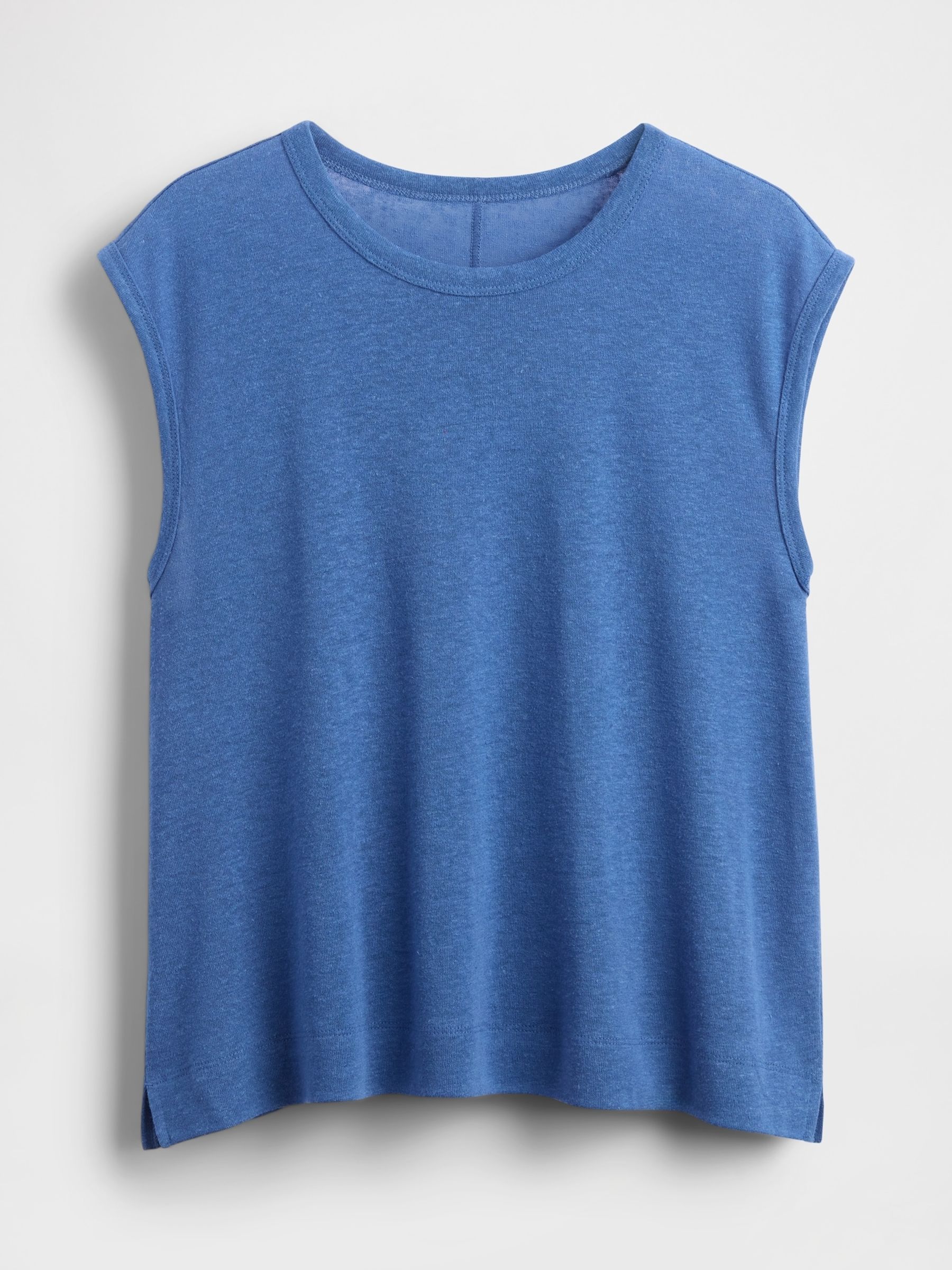 Blue Linen-Blend Crew Neck Shell T-Shirt - Image 5 of 5