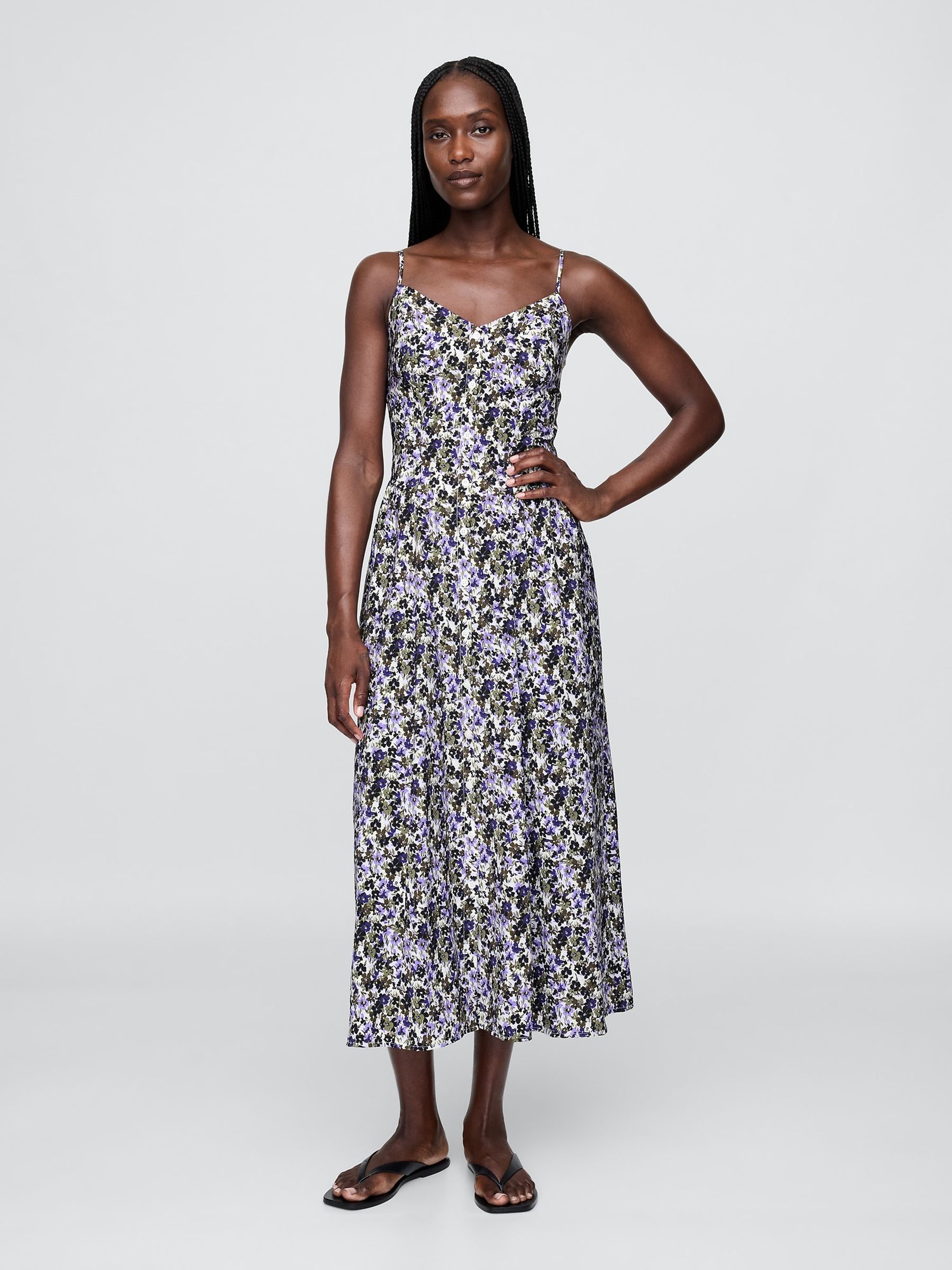 Purple Floral V-Neck Midi Dress - Image 1 of 5