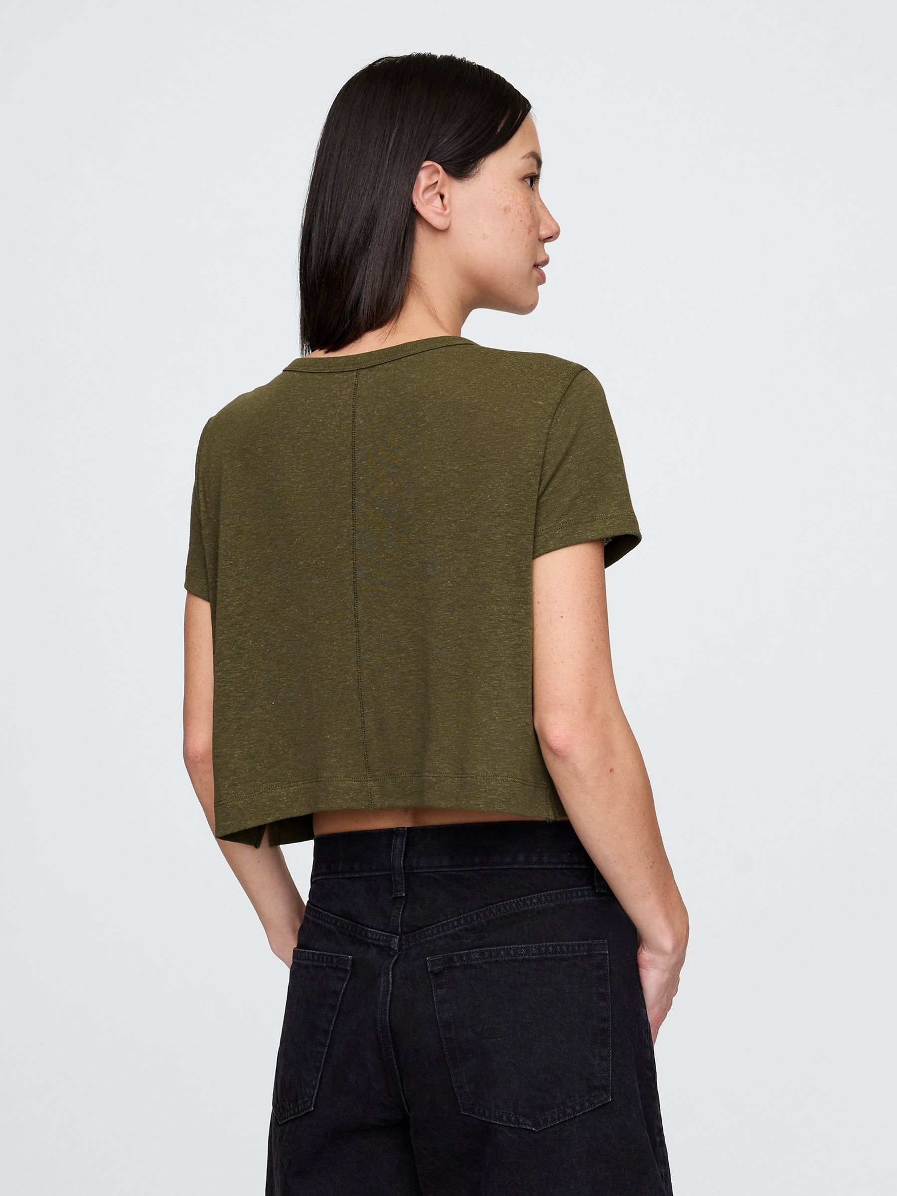 Khaki Green Linen-Blend Cropped V Neck T-Shirt - Image 2 of 5