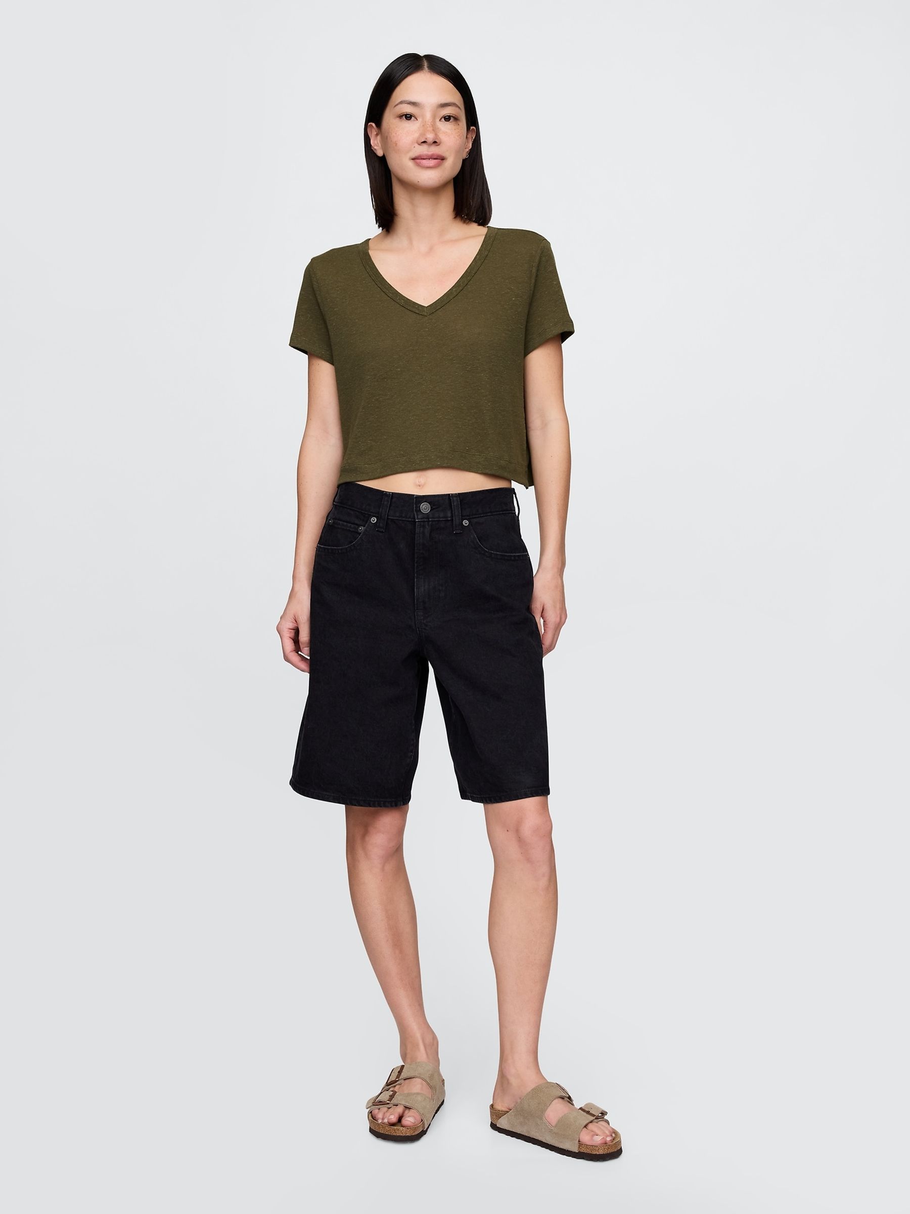Khaki Green Linen-Blend Cropped V Neck T-Shirt - Image 3 of 5