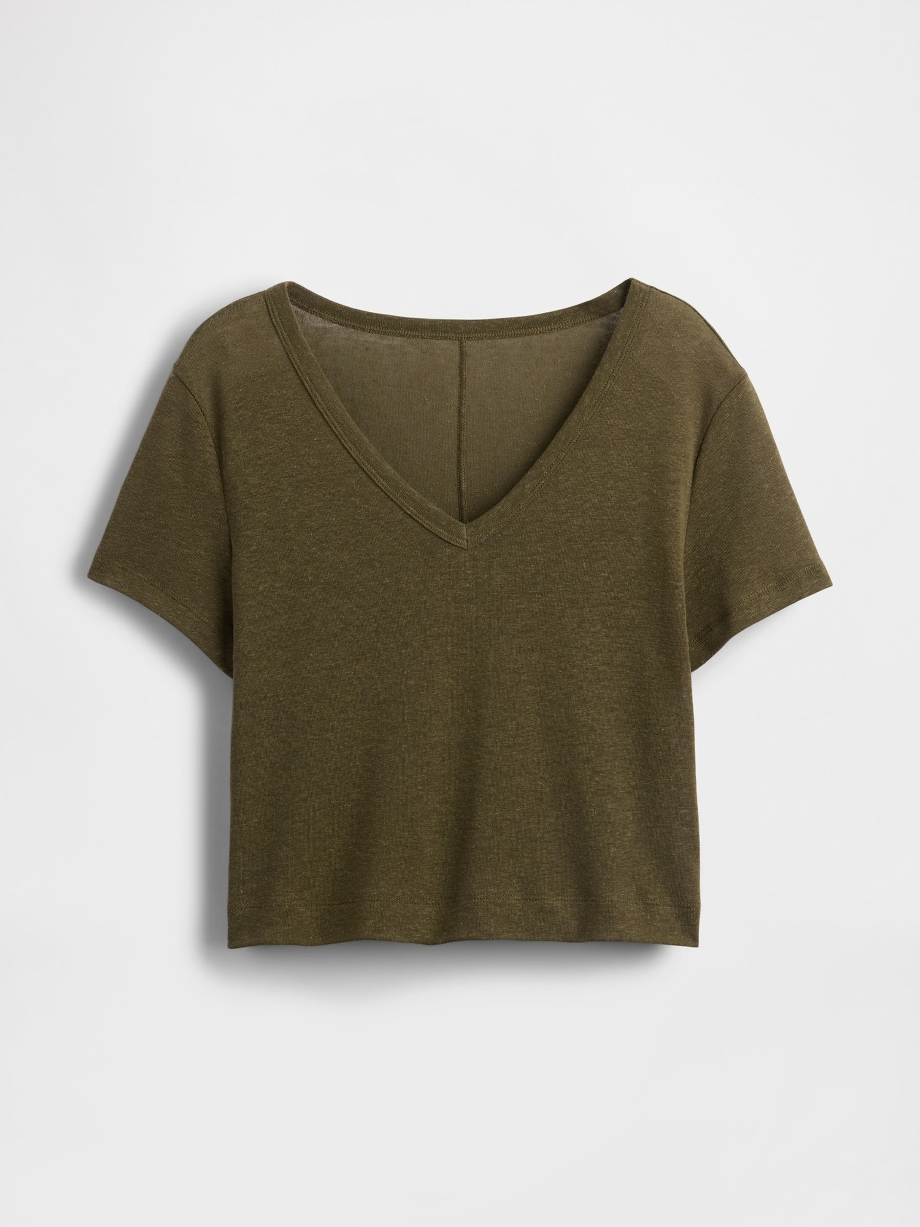 Khaki Green Linen-Blend Cropped V Neck T-Shirt - Image 4 of 5
