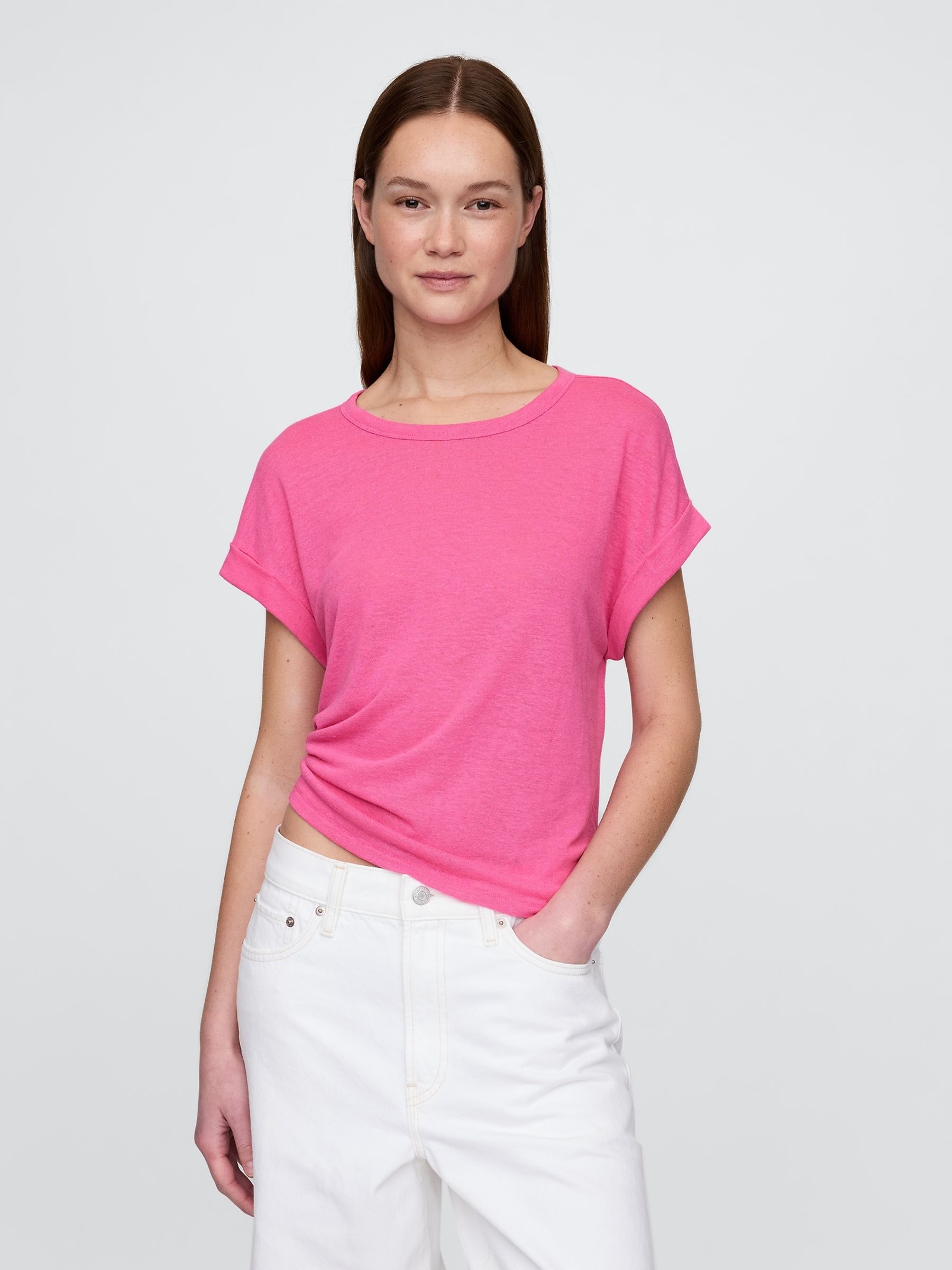 Pink Linen-Blend Roll-Cuff T-Shirt - Image 1 of 4