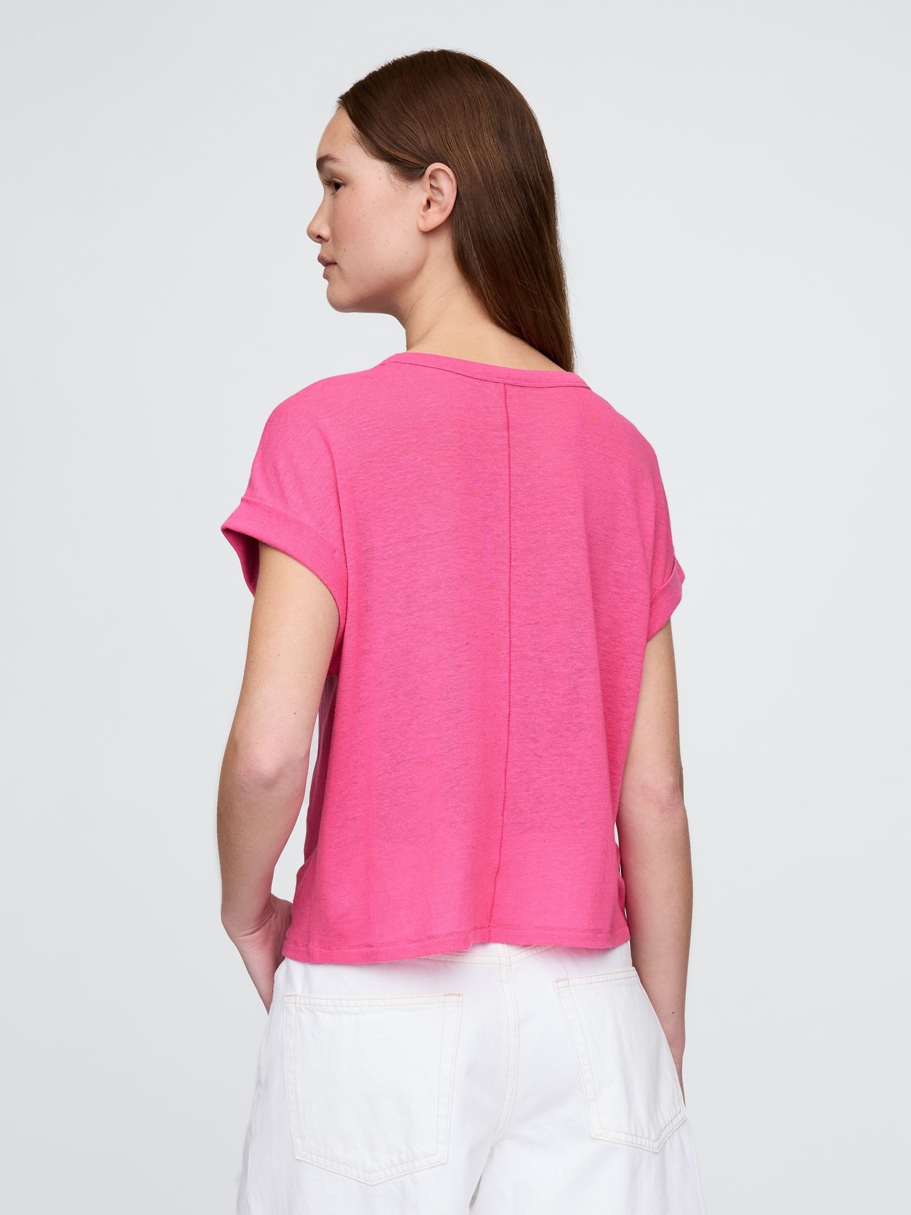 Pink Linen-Blend Roll-Cuff T-Shirt - Image 2 of 4