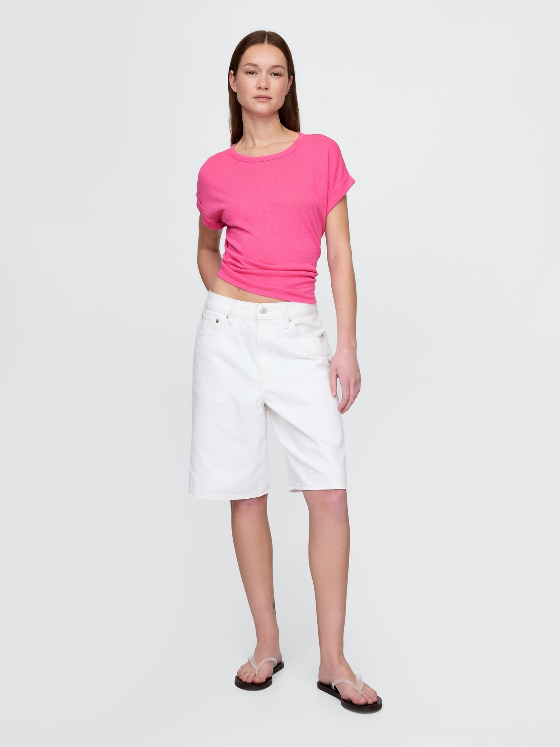 Pink Linen-Blend Roll-Cuff T-Shirt - Image 3 of 4