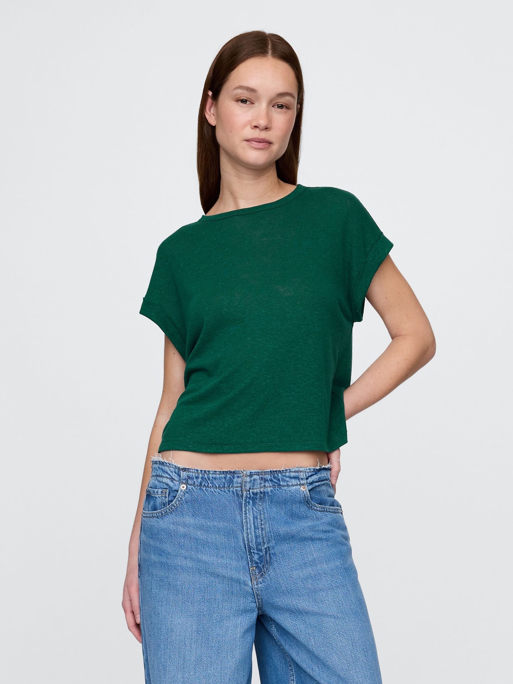Dark Green Linen-Blend Roll-Cuff T-Shirt - Image 1 of 4