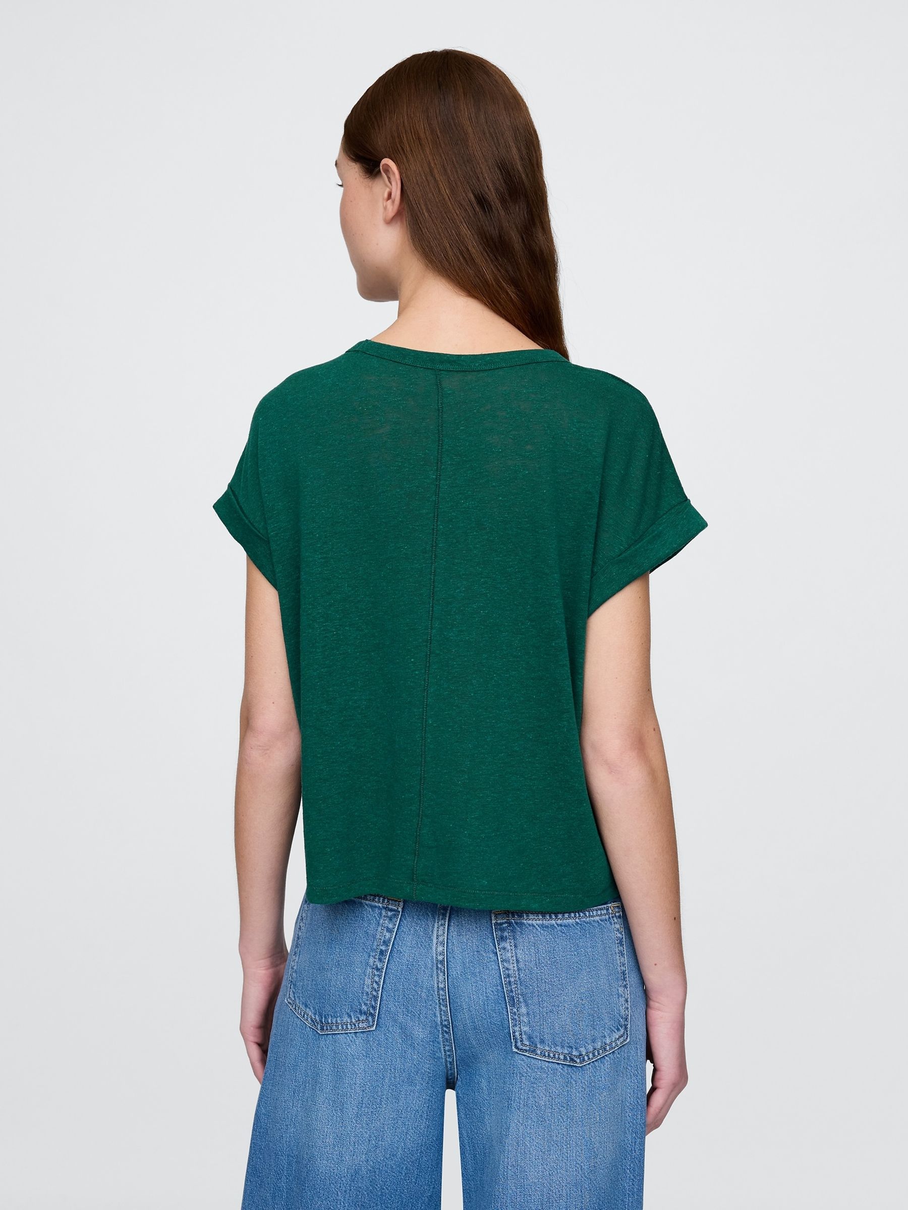 Dark Green Linen-Blend Roll-Cuff T-Shirt - Image 2 of 4