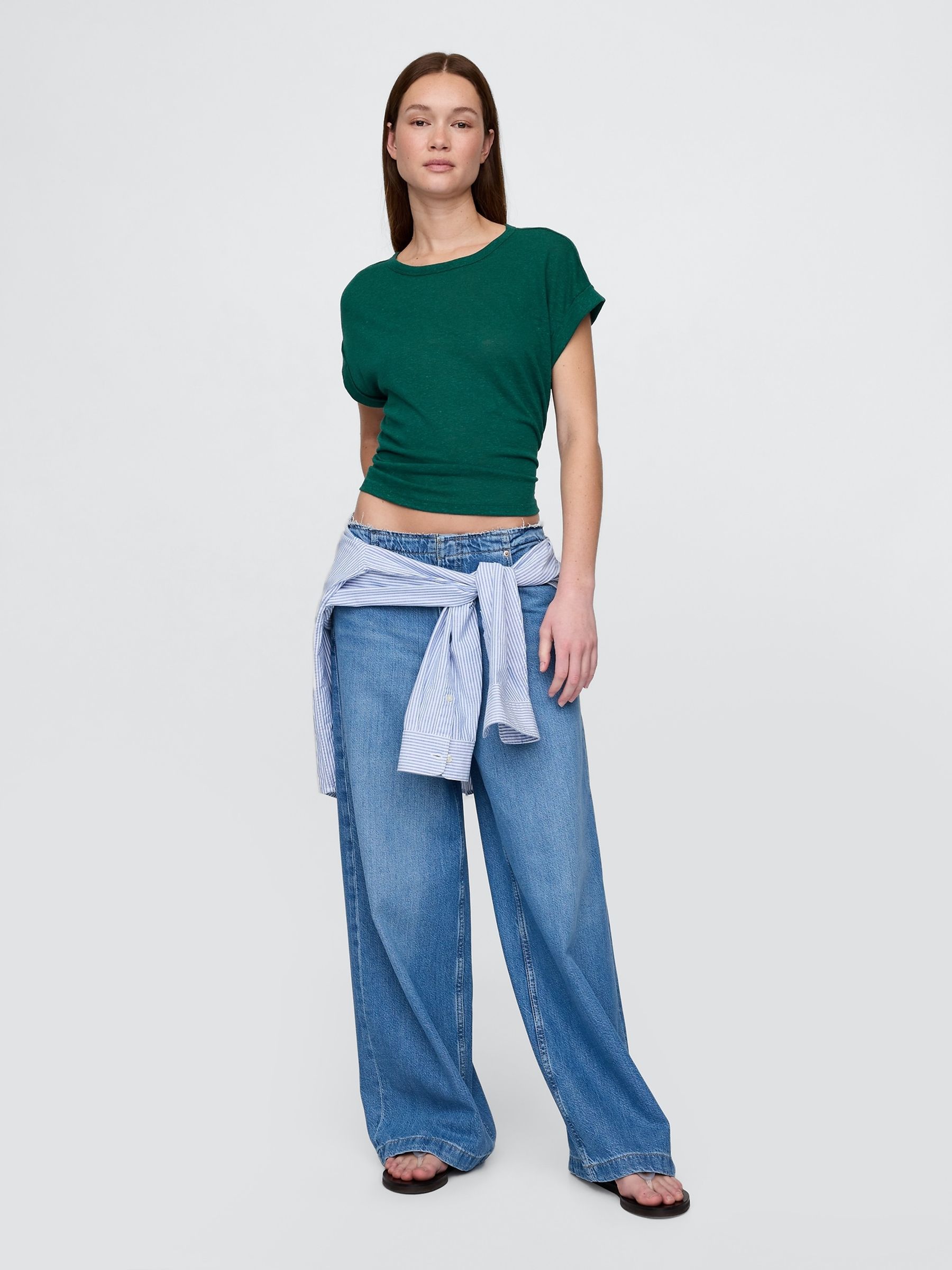 Dark Green Linen-Blend Roll-Cuff T-Shirt - Image 3 of 4