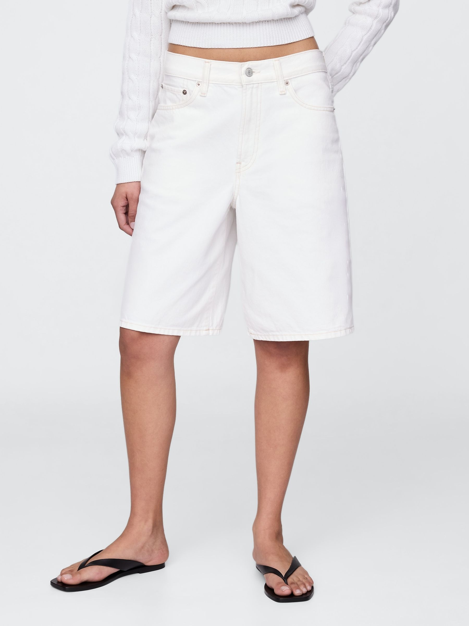 White 11"" Mid Rise UltraSoft Longline Denim Shorts - Image 1 of 5