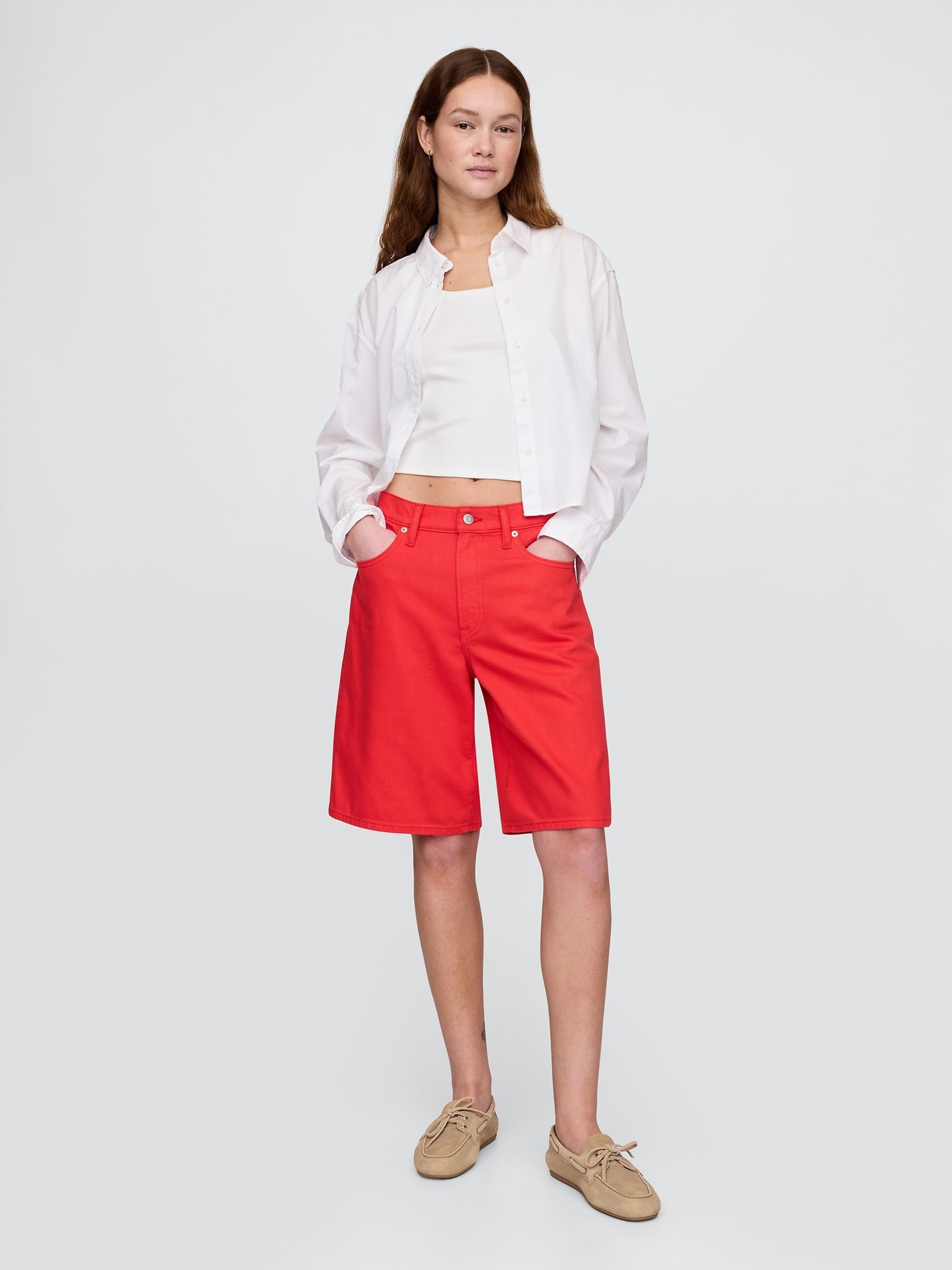 Red 11"" Mid Rise UltraSoft Longline Denim Shorts - Image 1 of 5