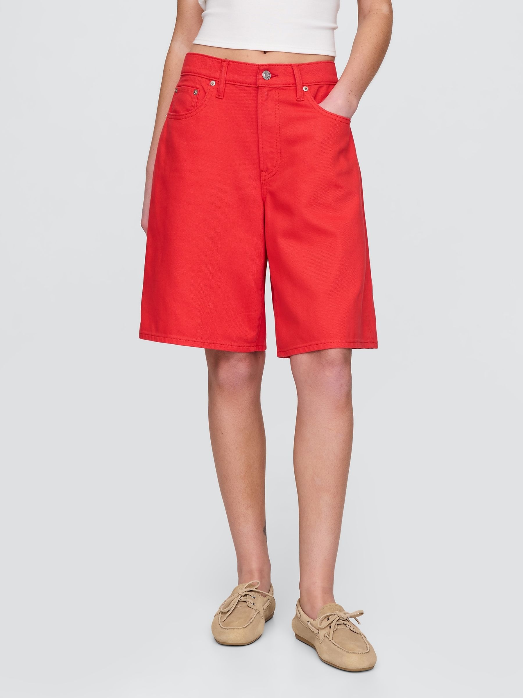 Red 11"" Mid Rise UltraSoft Longline Denim Shorts - Image 2 of 5