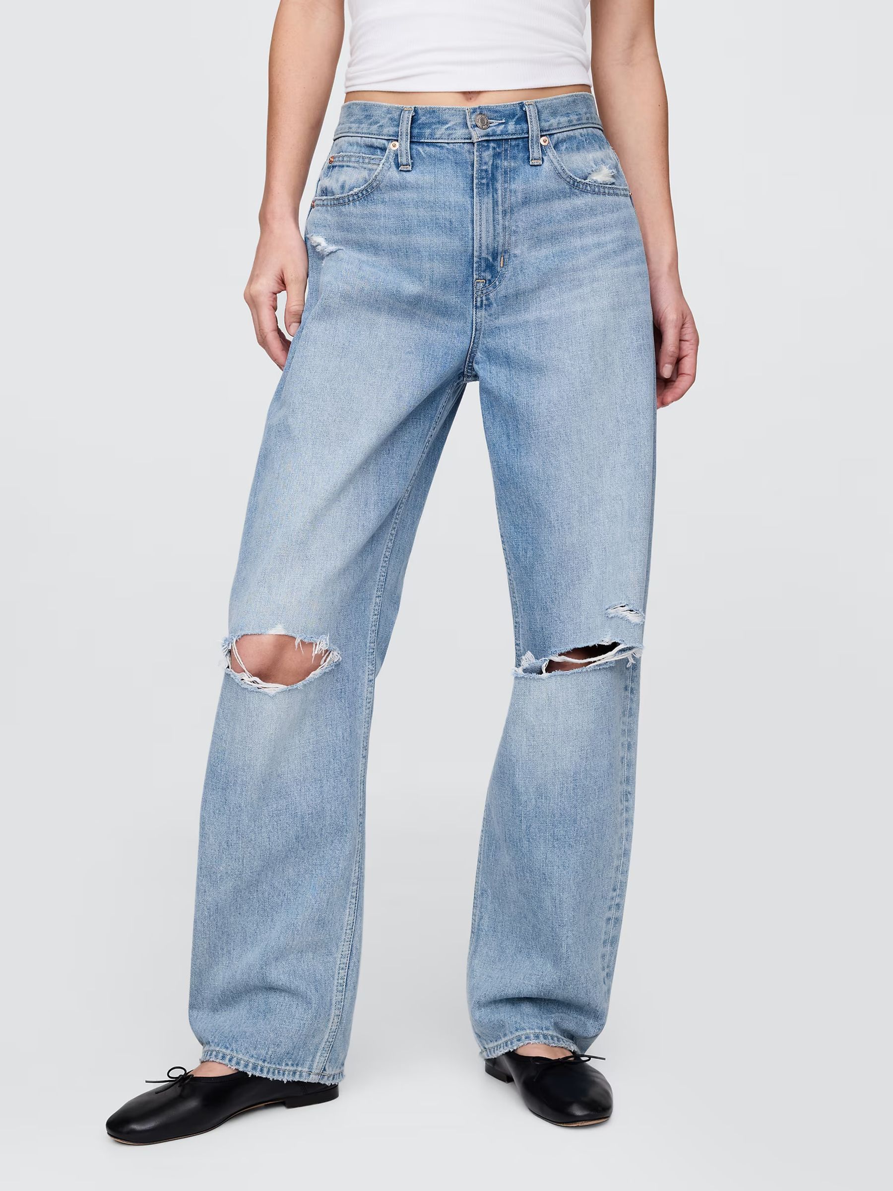 Blue Distressed High Waisted Barrel Jeans - Image 1 of 8