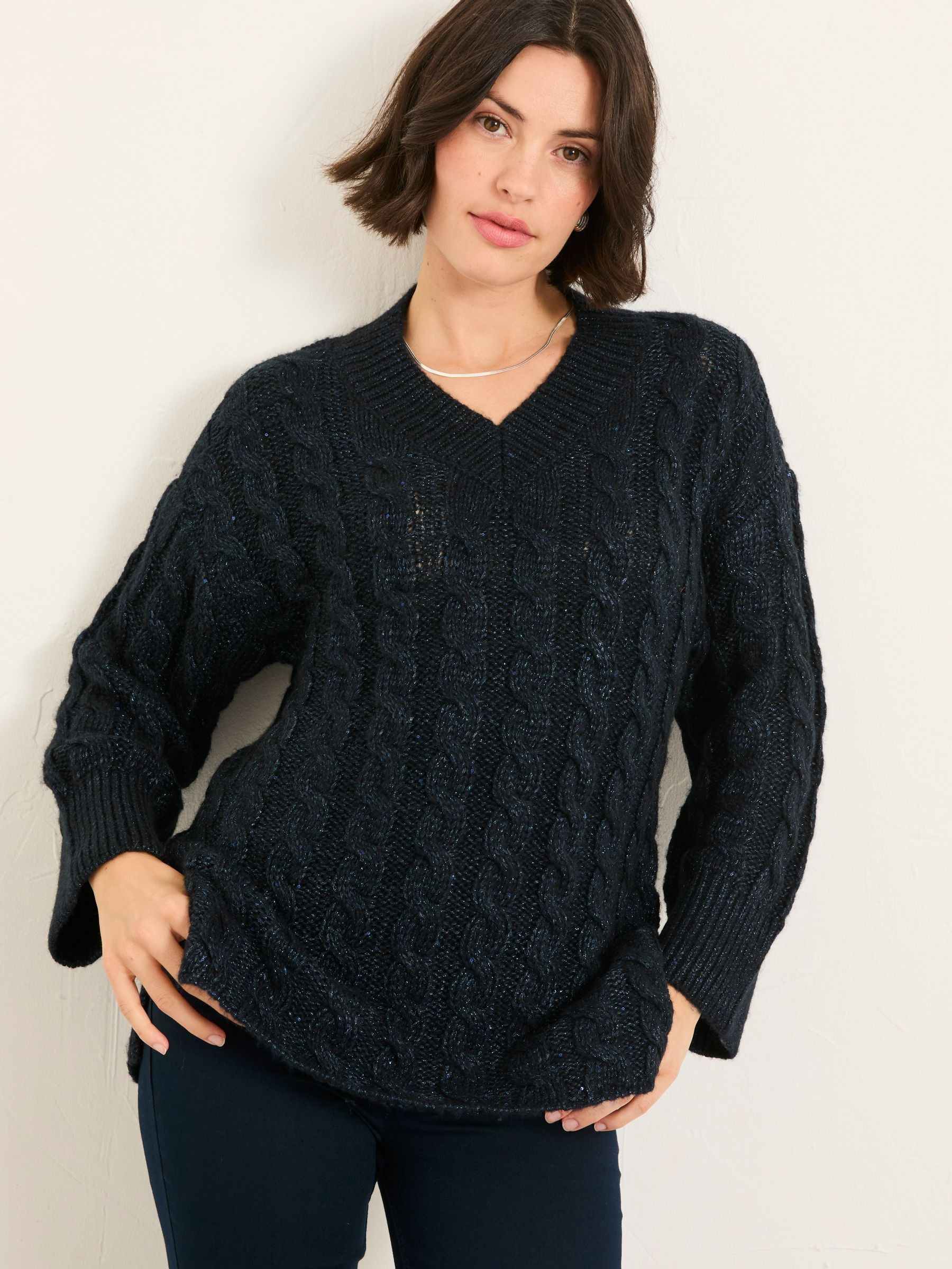 Cable Knitted Sparkle V- Neck Jumper