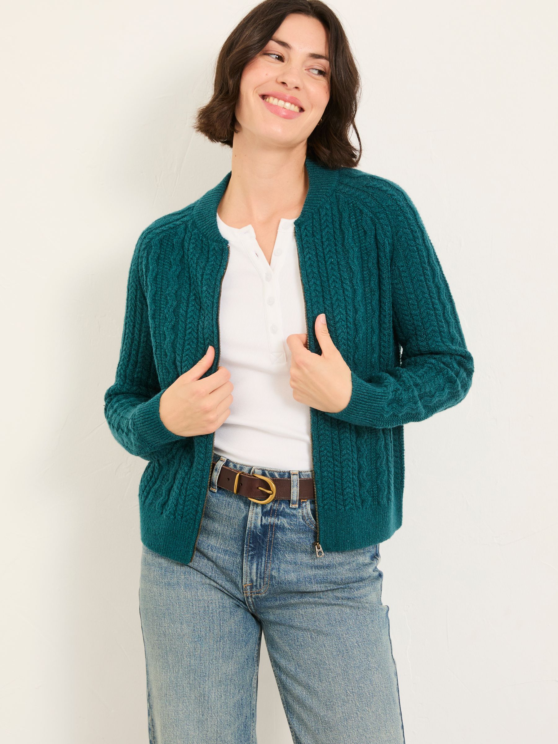 Loren Dark Teal Blue Knitted Cable Bomber - Image 2 of 6