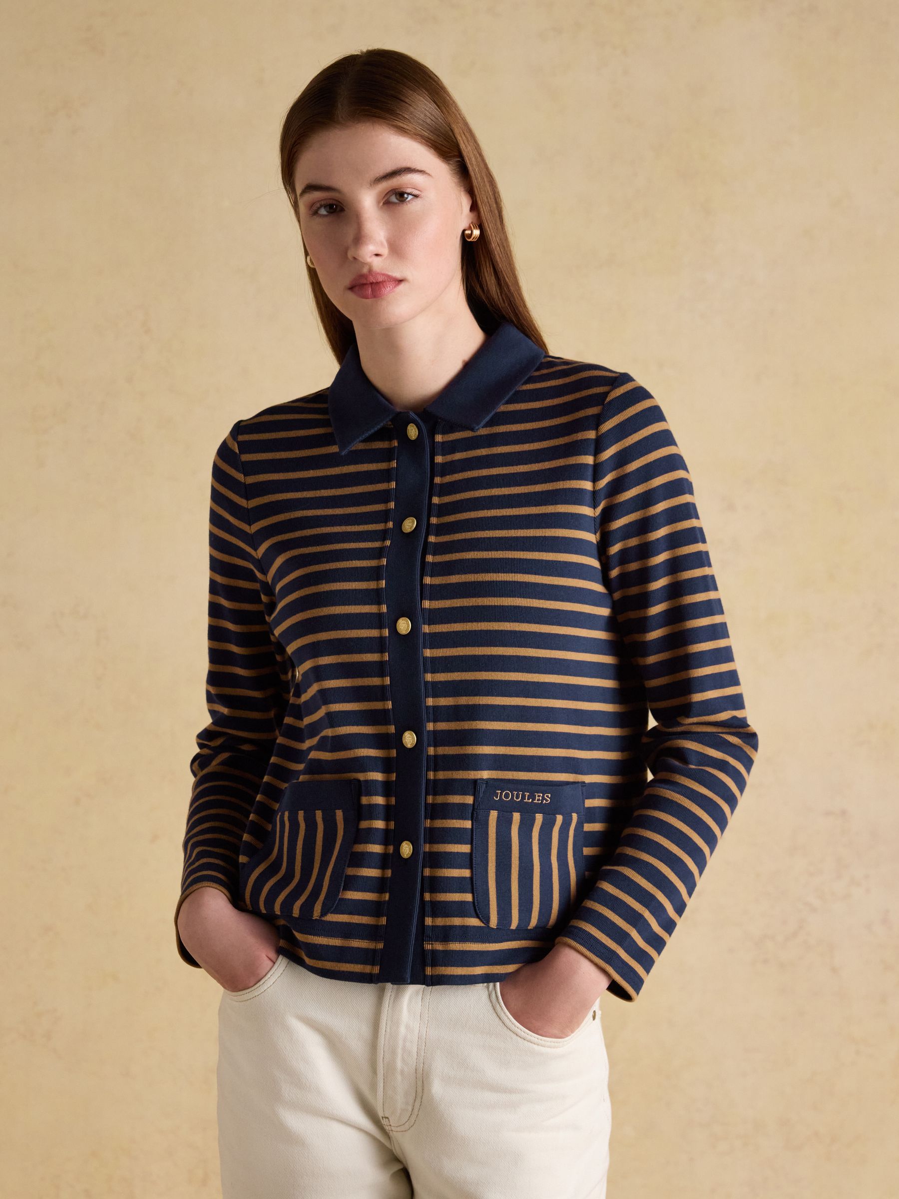 Premium Ribbed Navy Tan 100% Cotton Jersey Cardigan - Image 1 of 8