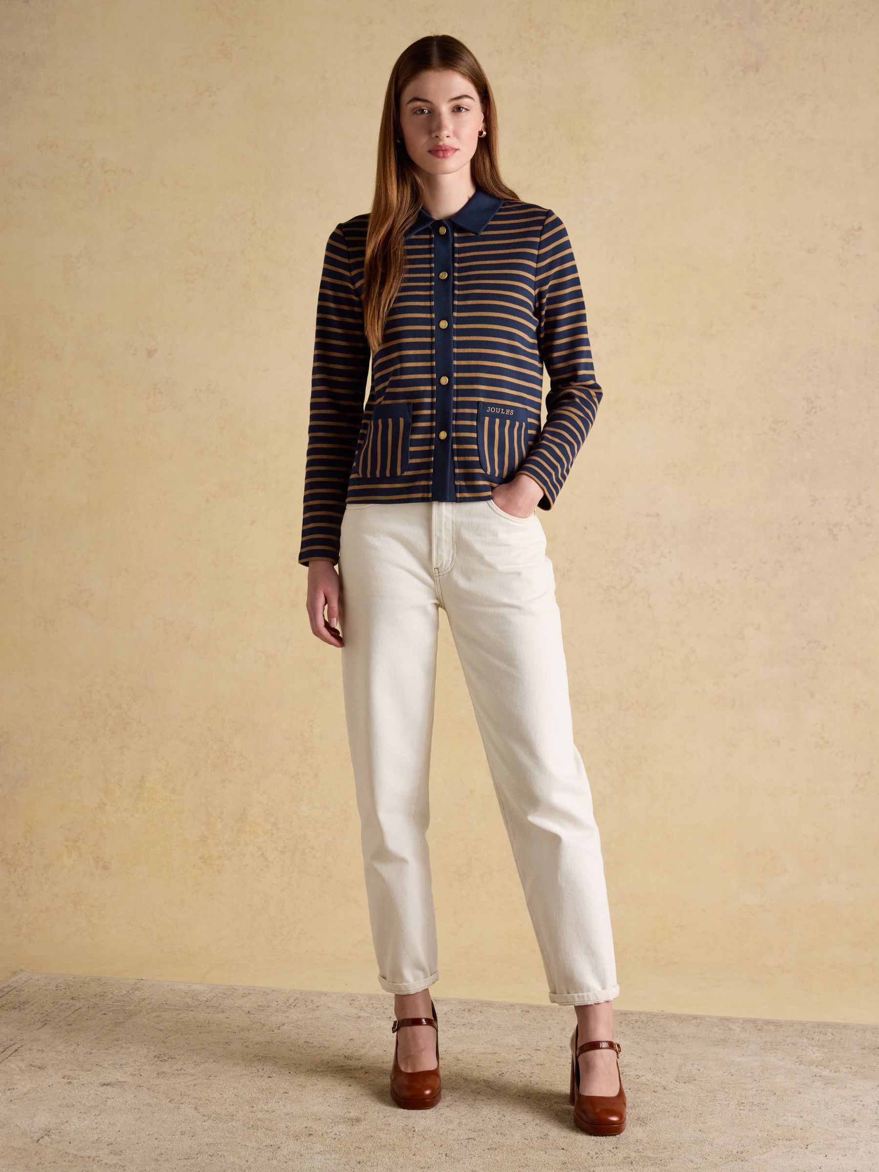 Premium Ribbed Navy Tan 100% Cotton Jersey Cardigan - Image 3 of 8