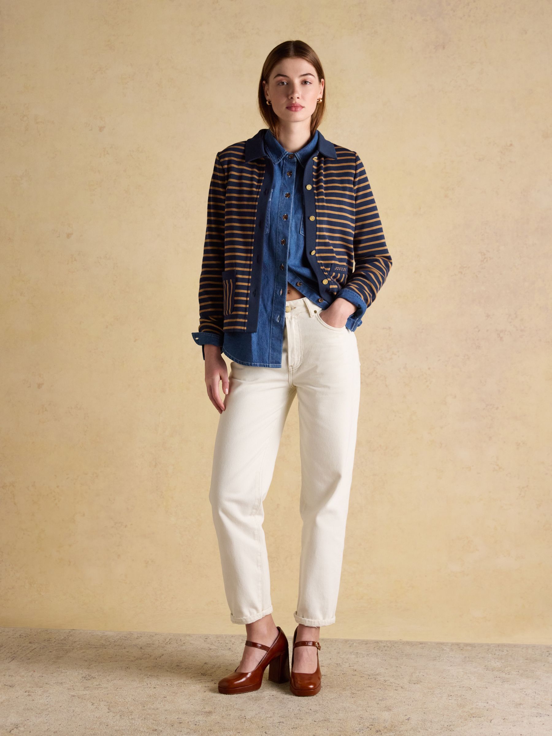 Premium Ribbed Navy Tan 100% Cotton Jersey Cardigan - Image 6 of 8