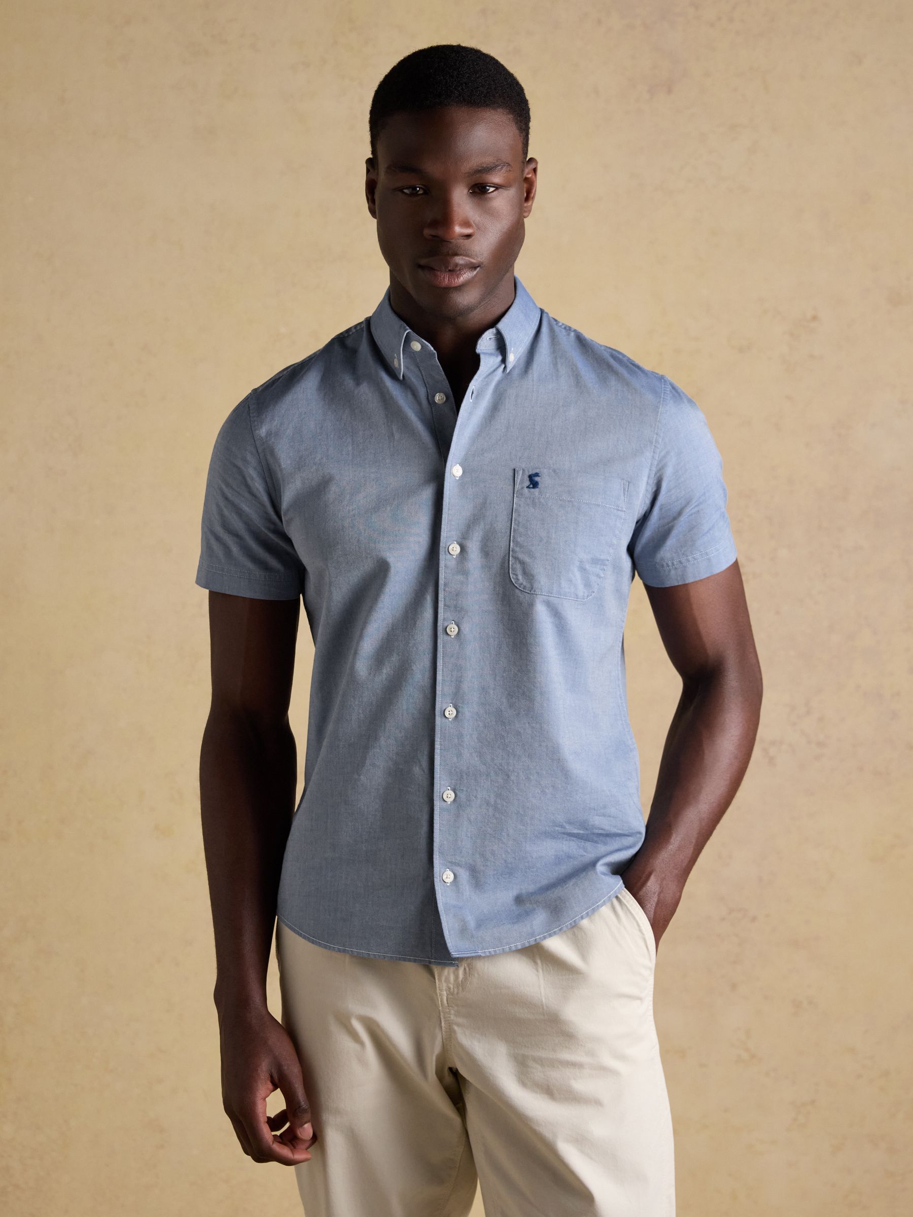 Oxford Chambray Blue Short Sleeve Classic Fit Cotton Shirt - Image 1 of 9 Oxford Chambray Blue Short Sleeve Classic Fit Cotton Shirt - Image 1 of 9
