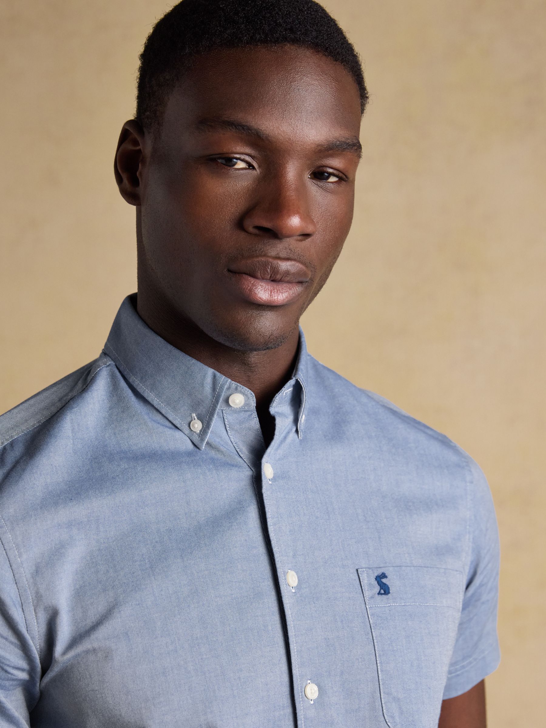 Oxford Chambray Blue Short Sleeve Classic Fit Cotton Shirt | Joules