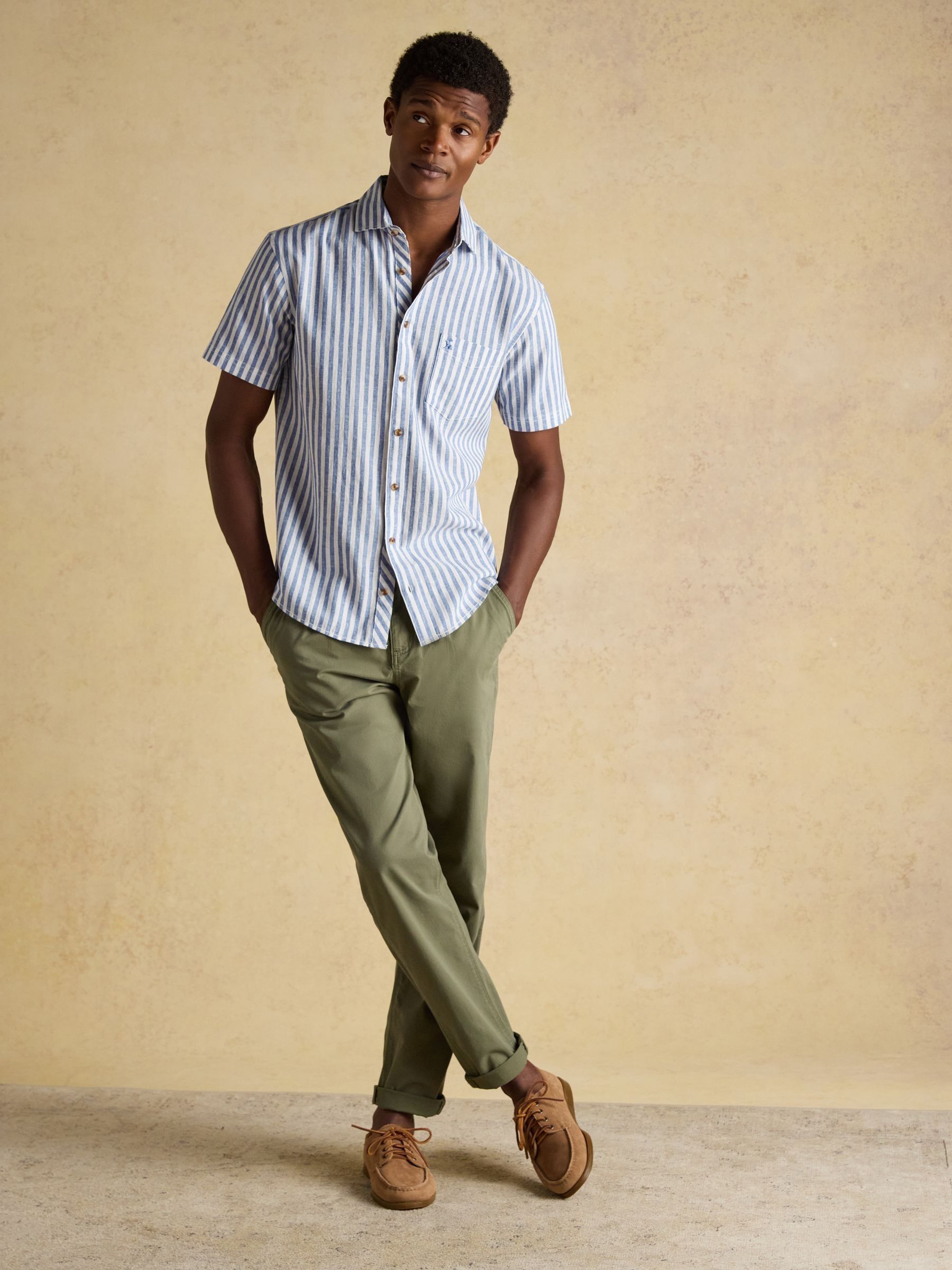 Linen Blend Blue and White Short Sleeve Shirt - Image 1 of 9