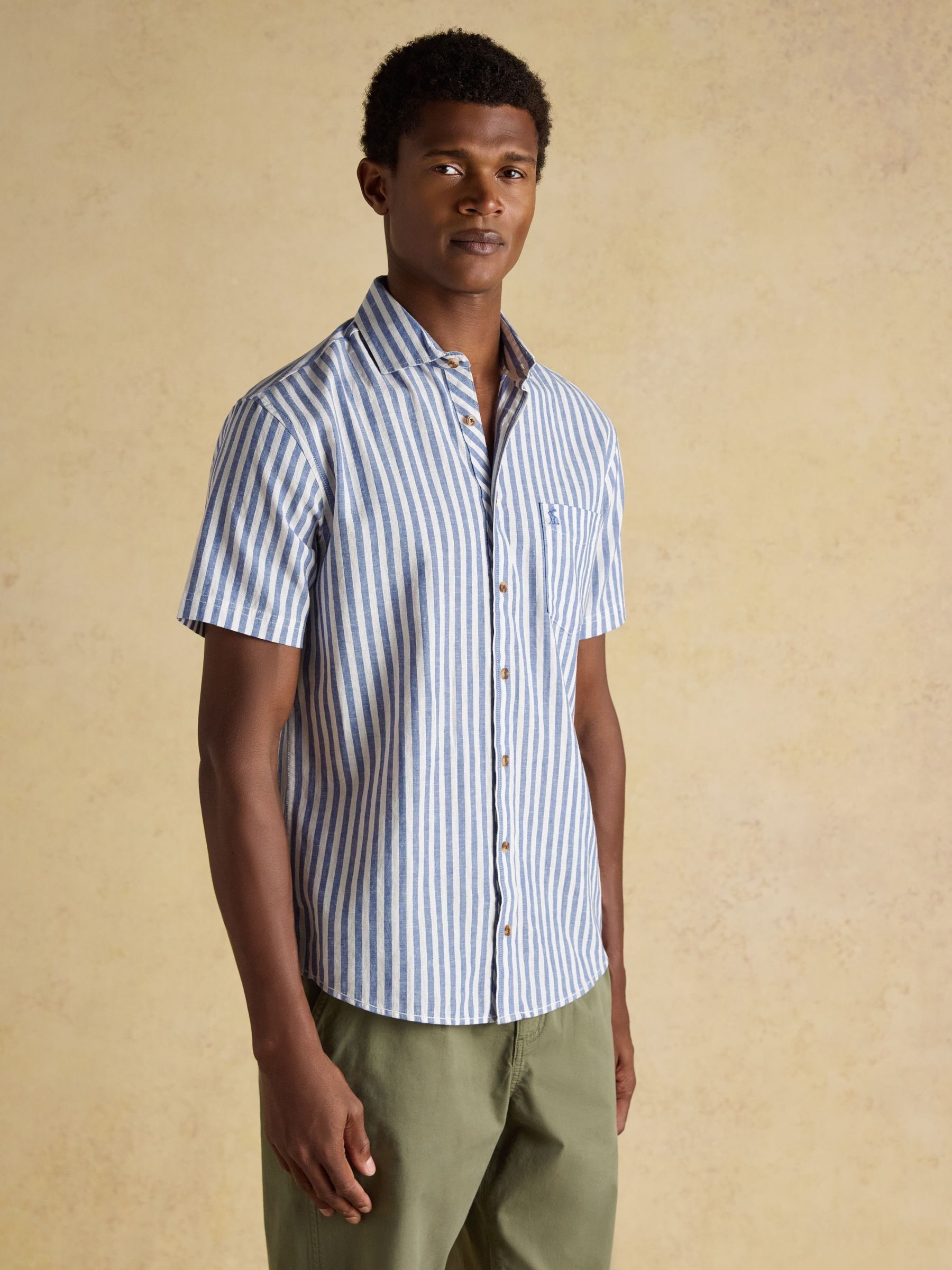 Linen Blend Blue and White Short Sleeve Shirt - Image 2 of 9