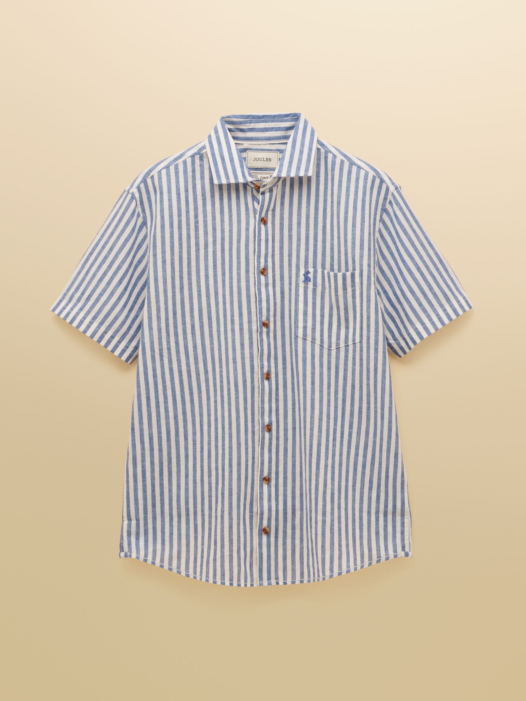 Linen Blend Blue and White Short Sleeve Shirt - Image 9 of 9