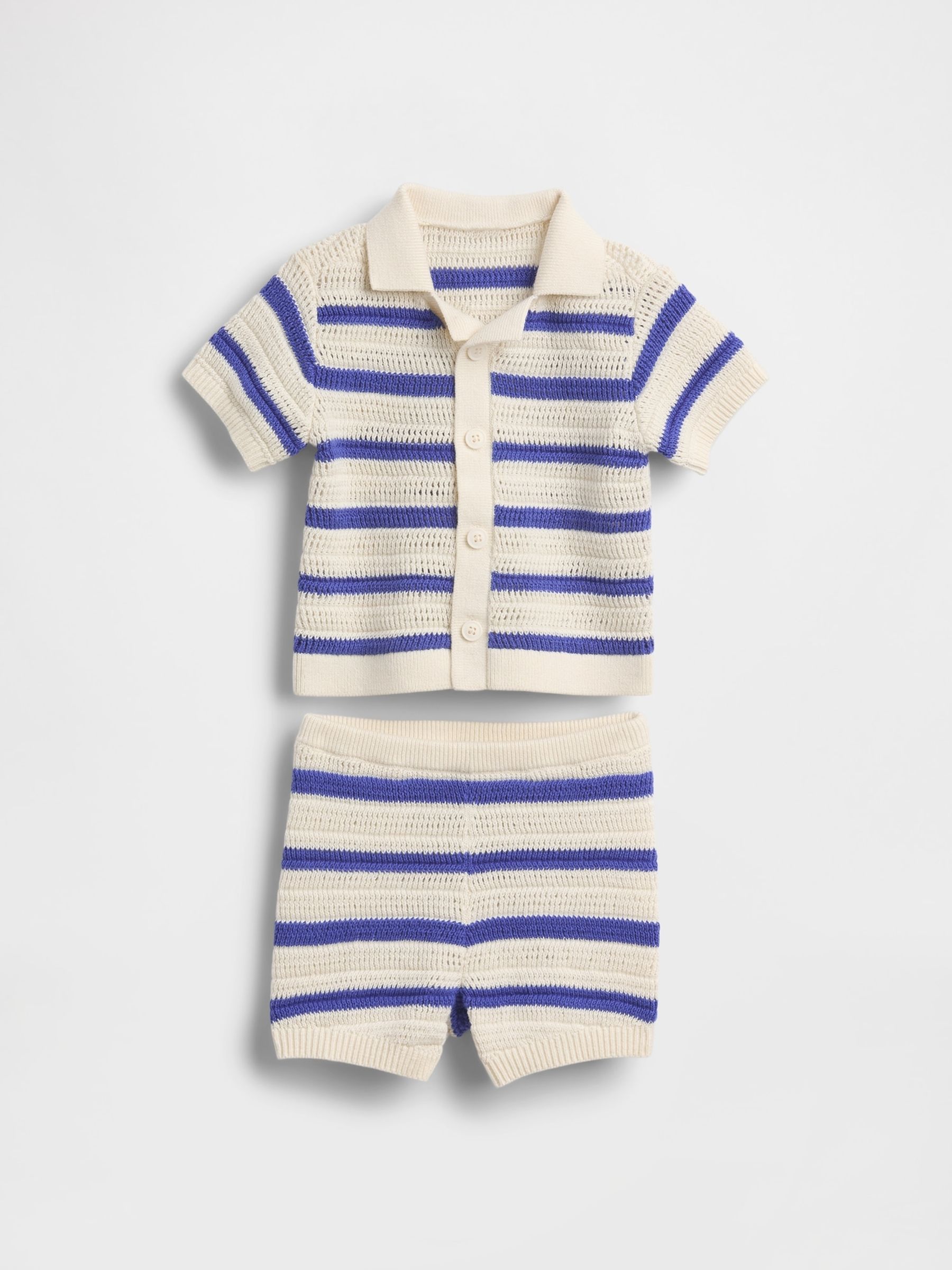 Blue Stripe Cotton Crochet Polo Shirt Outfit Set (Newborn-24mths) - Image 1 of 4