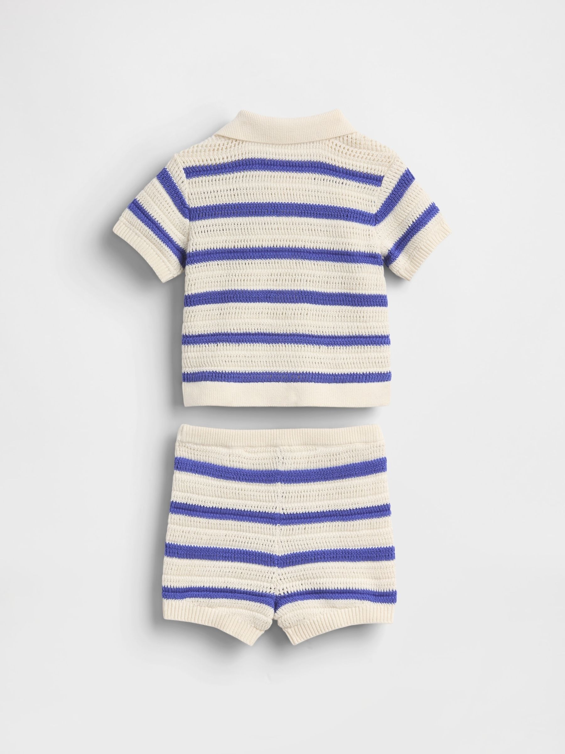 Blue Stripe Cotton Crochet Polo Shirt Outfit Set (Newborn-24mths) - Image 2 of 4