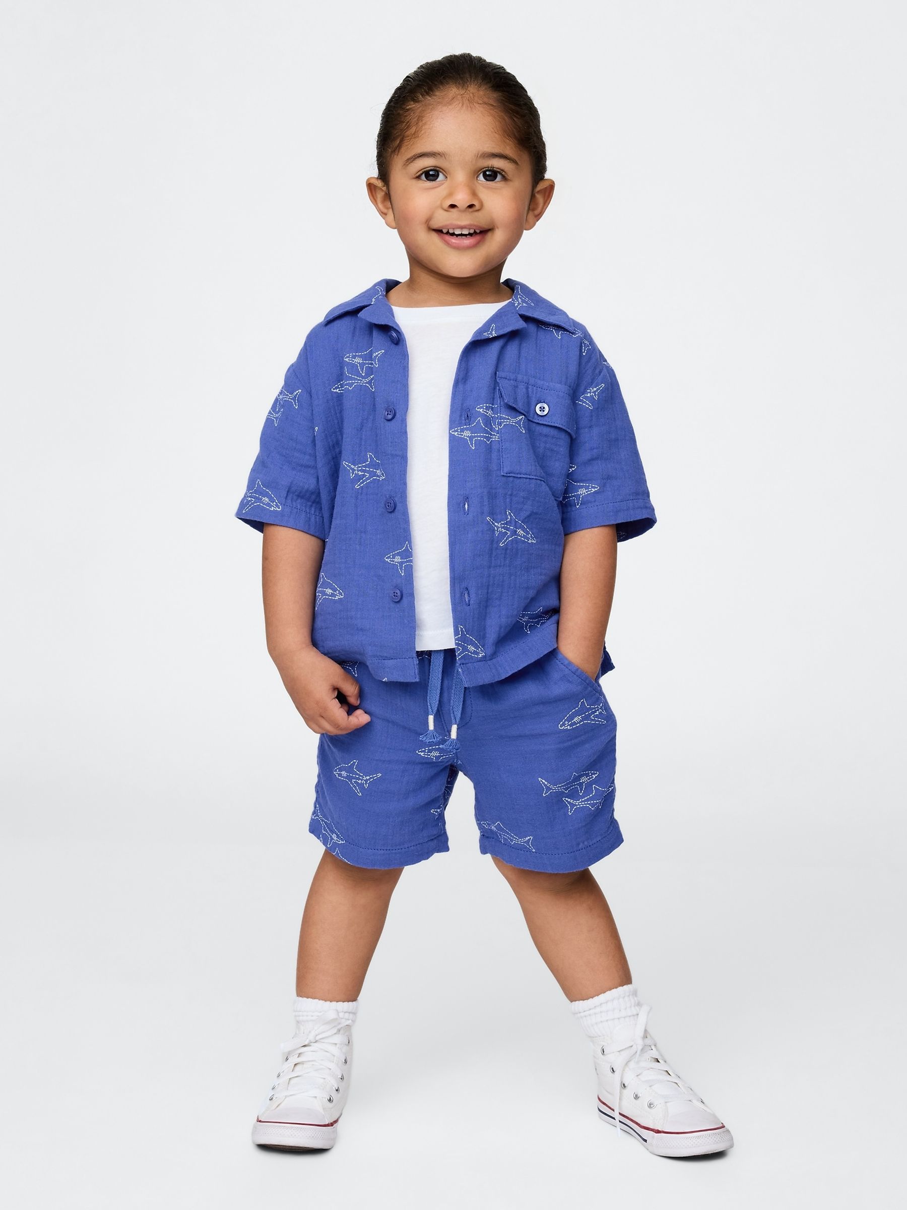 Blue Crinkle Gauze Short Sleeve Shirt & Shorts Set (6mths-5yrs) - Image 1 of 4