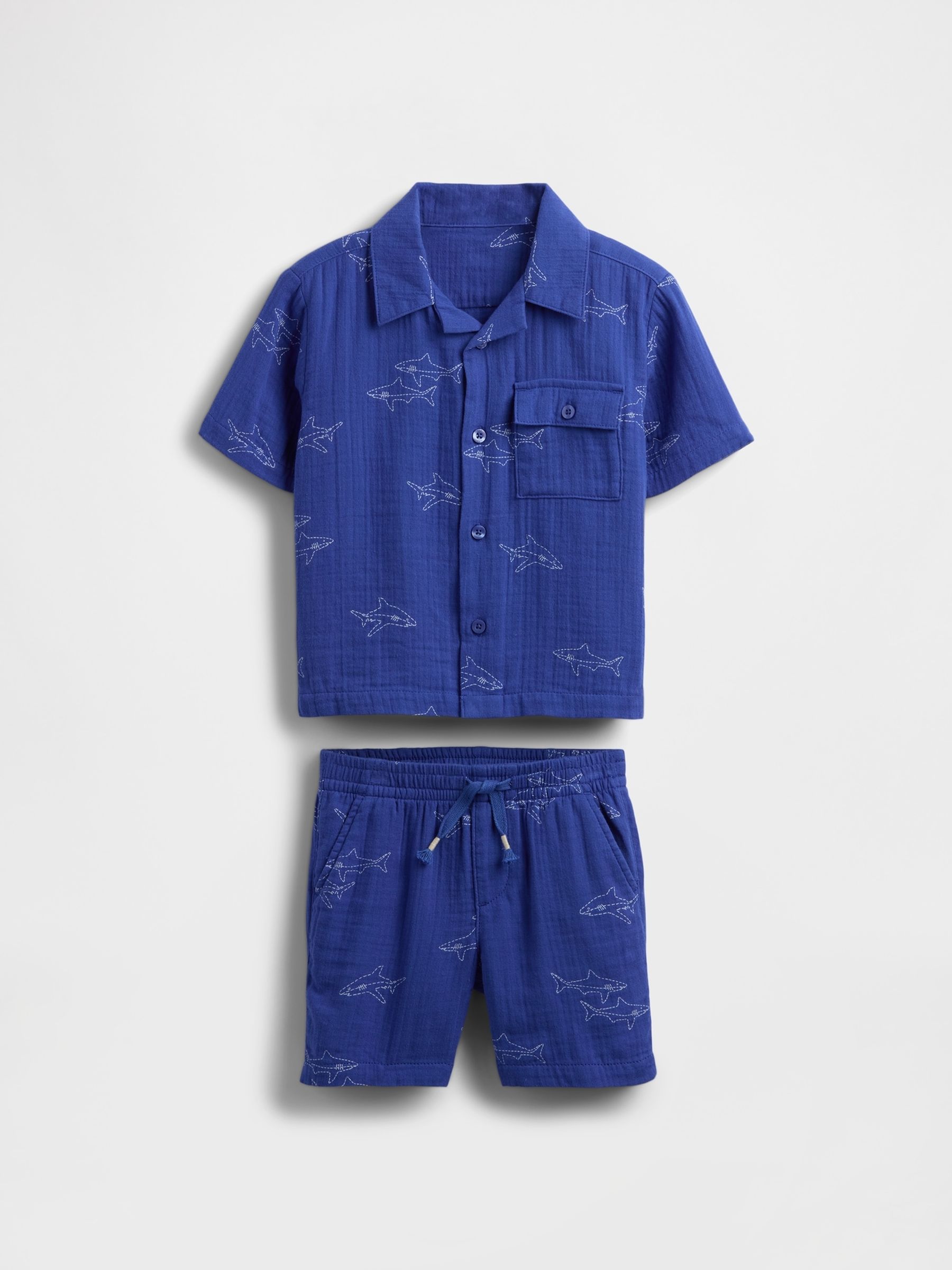 Blue Crinkle Gauze Short Sleeve Shirt & Shorts Set (6mths-5yrs) - Image 2 of 4