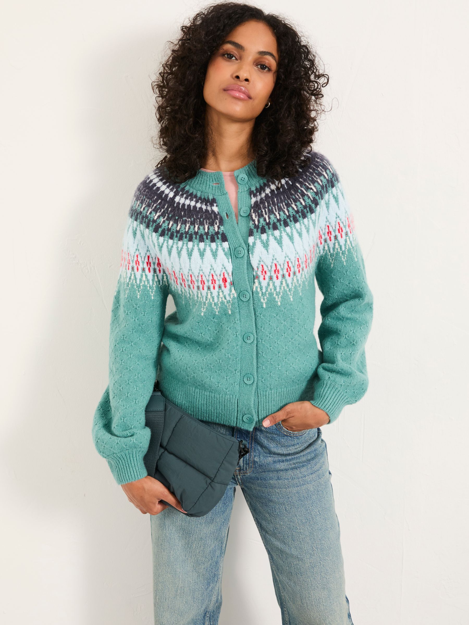 Mint Green Apres Knitted Fairisle Cardigan | FatFace