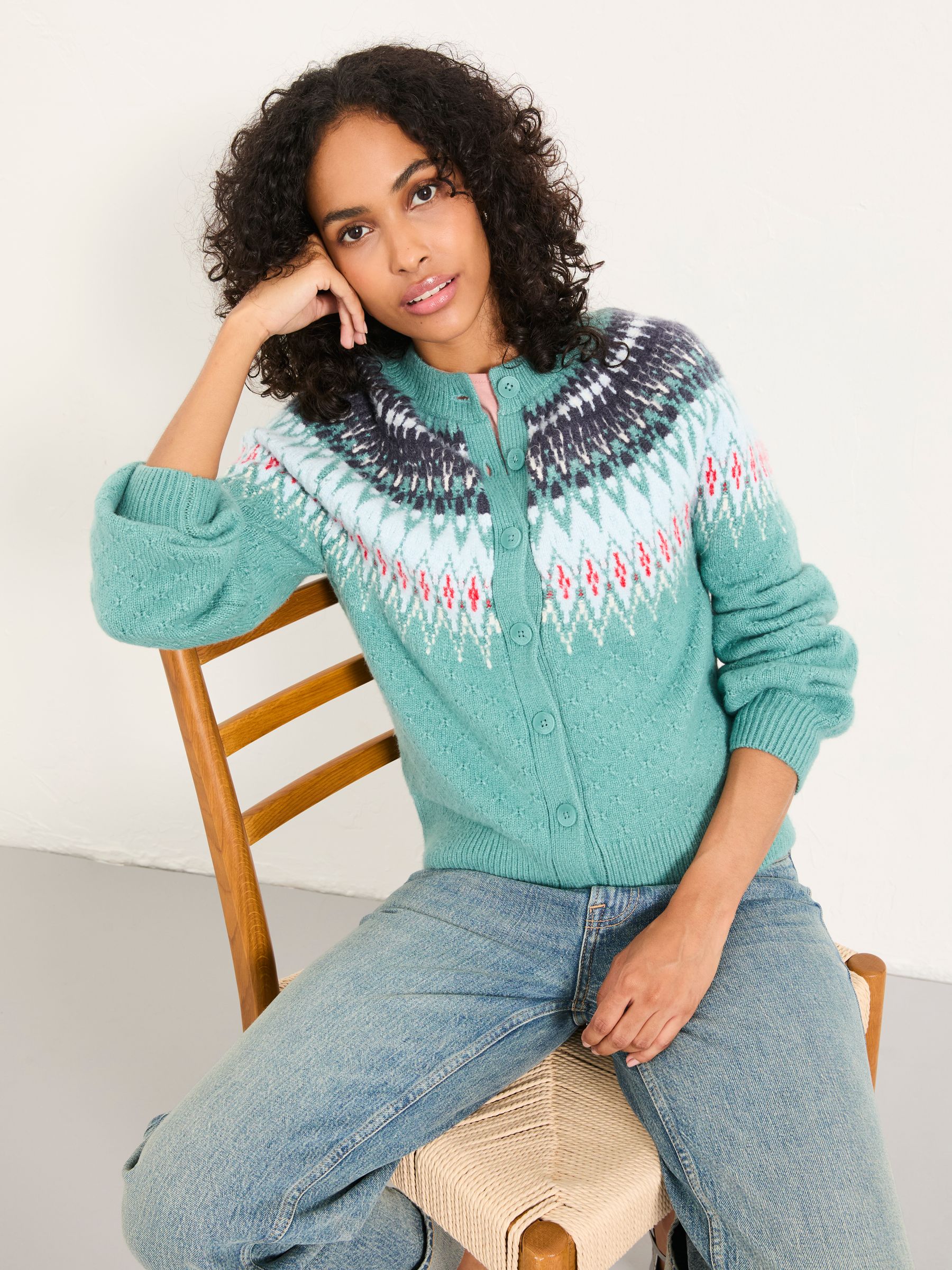 Mint Green Apres Knitted Fairisle Crew Neck Cardigan | FatFace USA