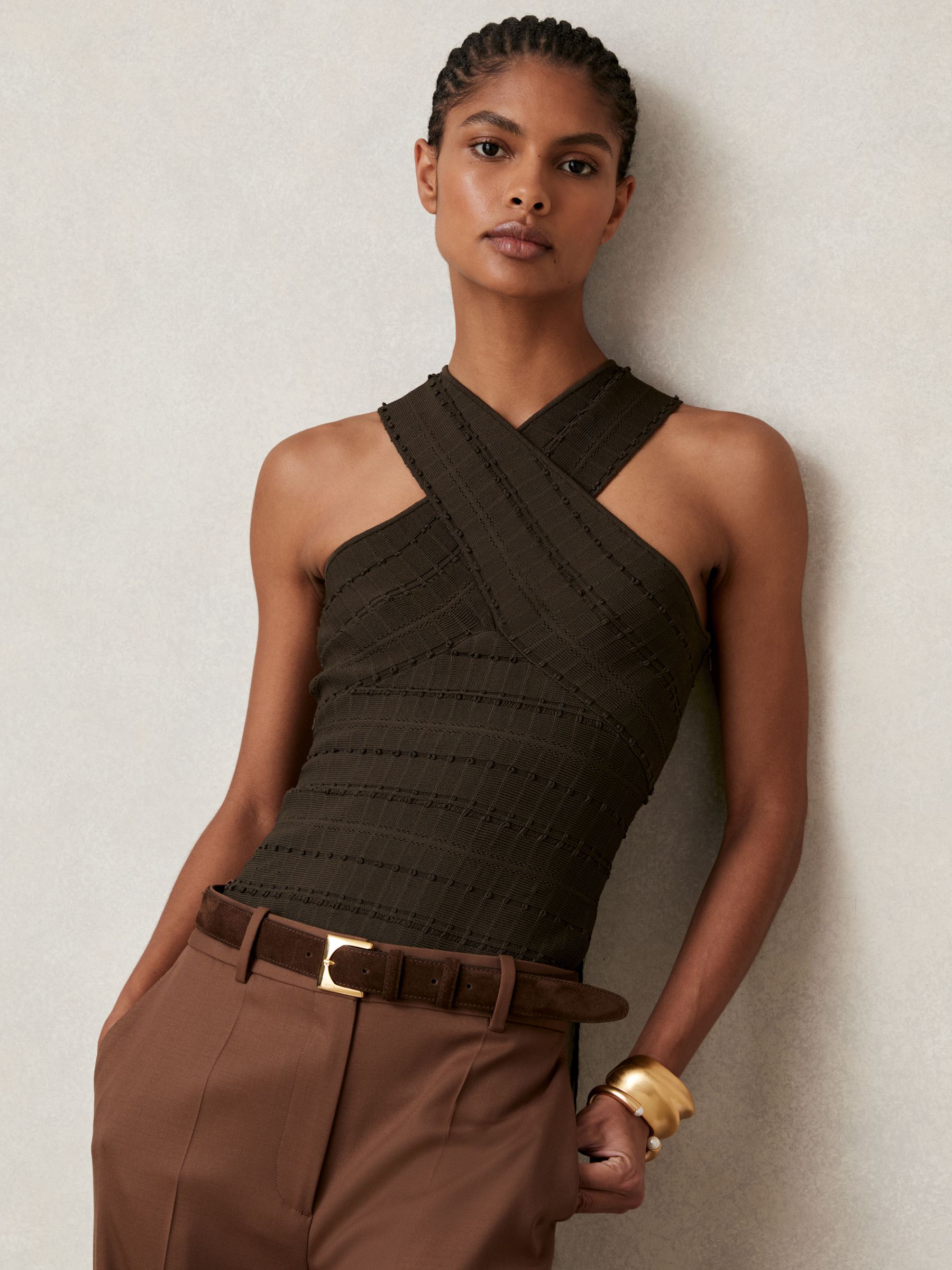 Cross Neck Textured Top in Chocolate - Image 4 of 7