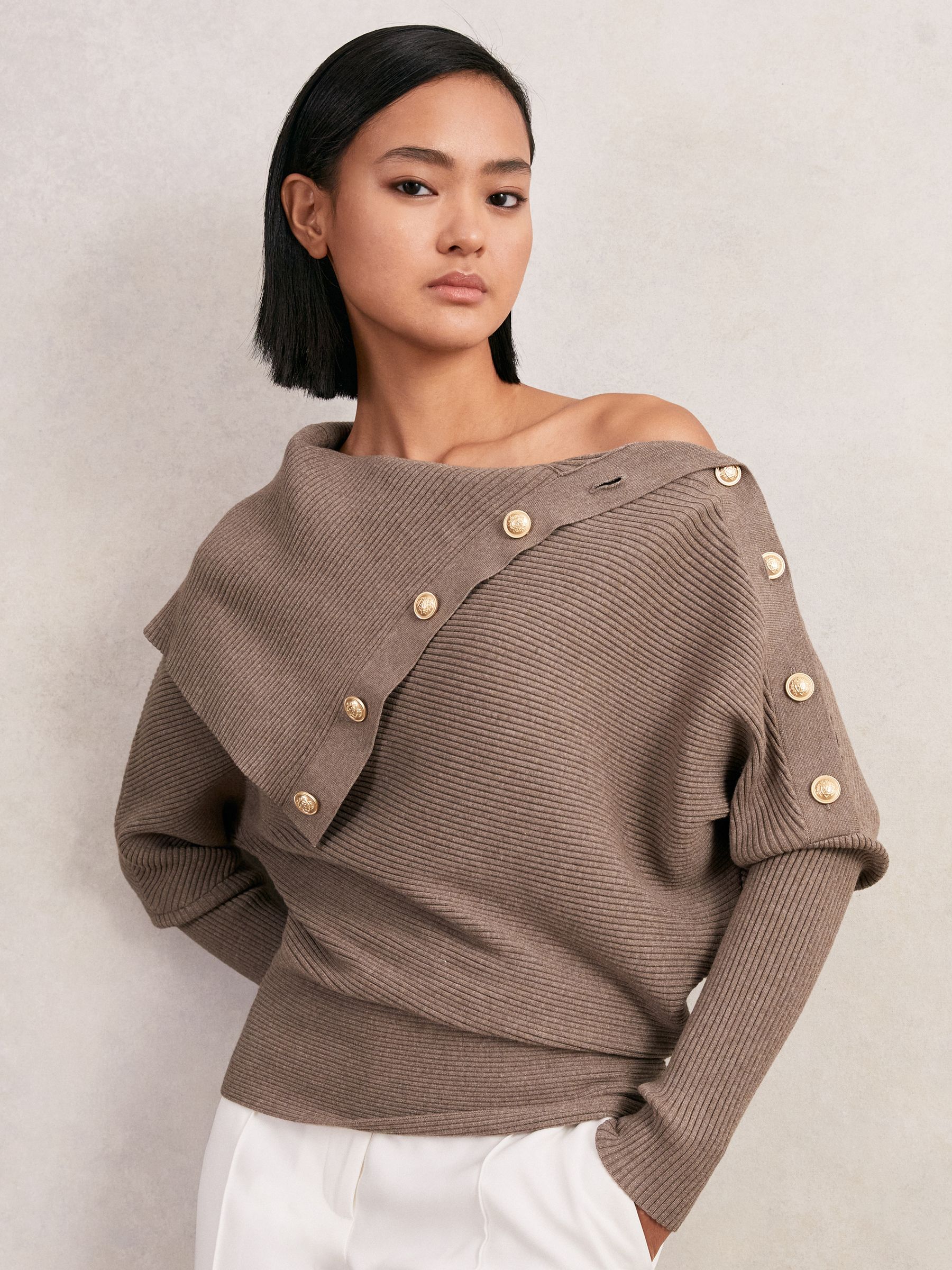 Rib-Knit Button Shawl Jumper in Taupe - Image 1 of 6 Rib-Knit Button Shawl Jumper in Taupe - Image 1 of 6