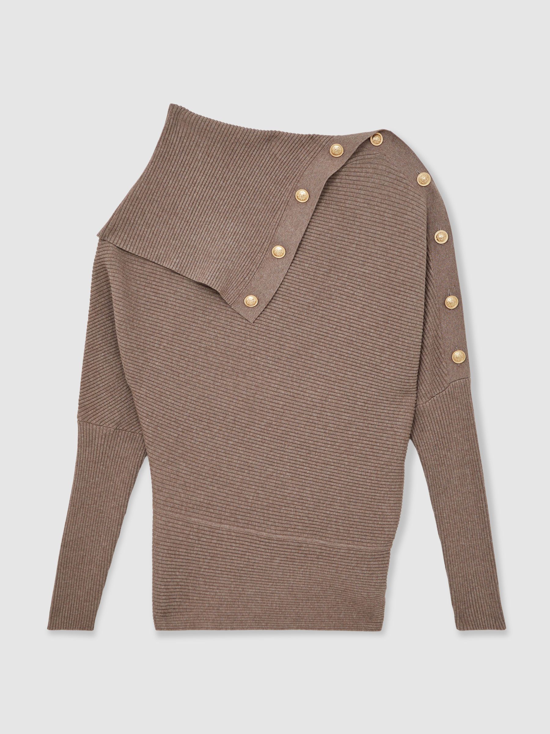 Rib-Knit Button Shawl Jumper in Taupe - Image 2 of 6
