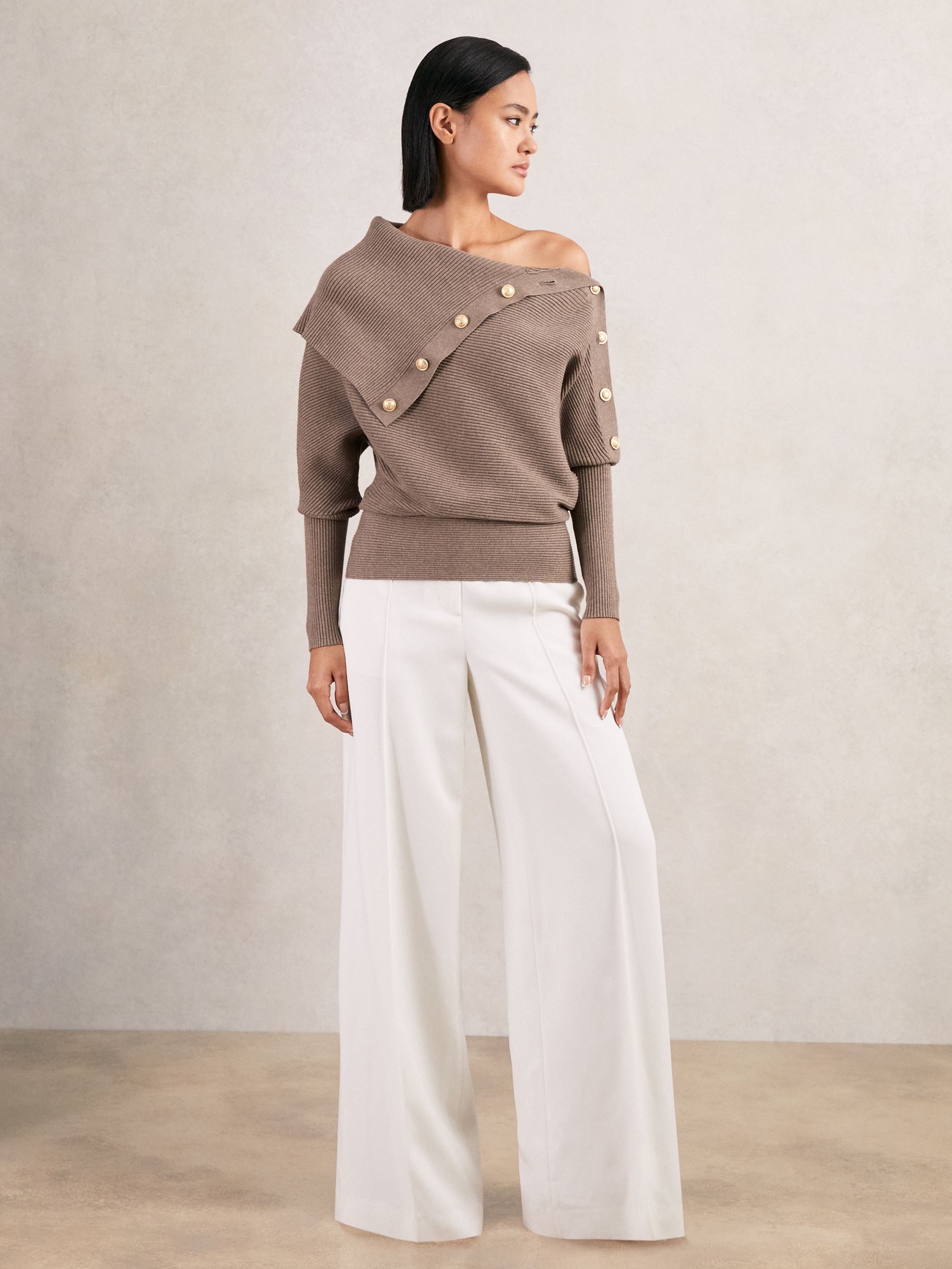 Rib-Knit Button Shawl Jumper in Taupe - Image 3 of 6