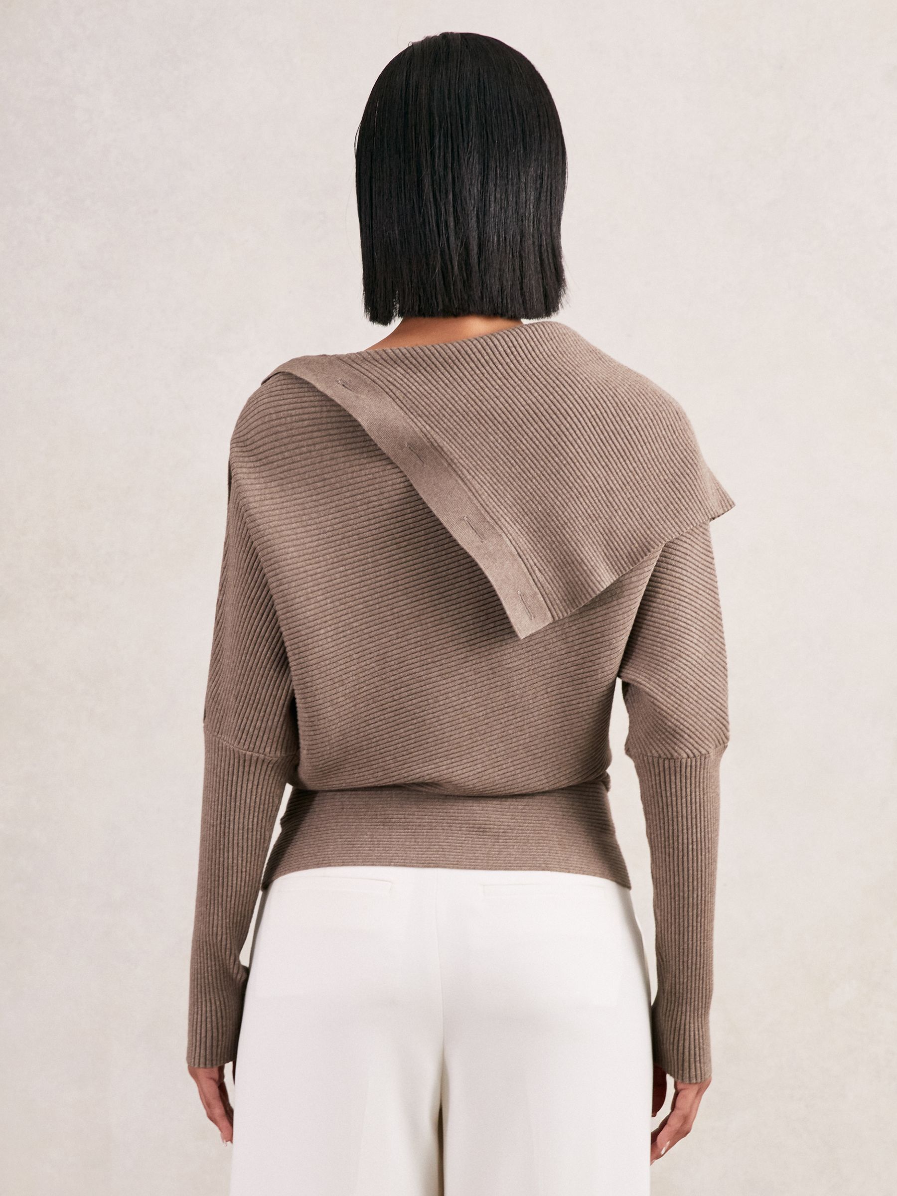 Rib-Knit Button Shawl Jumper in Taupe - Image 5 of 6